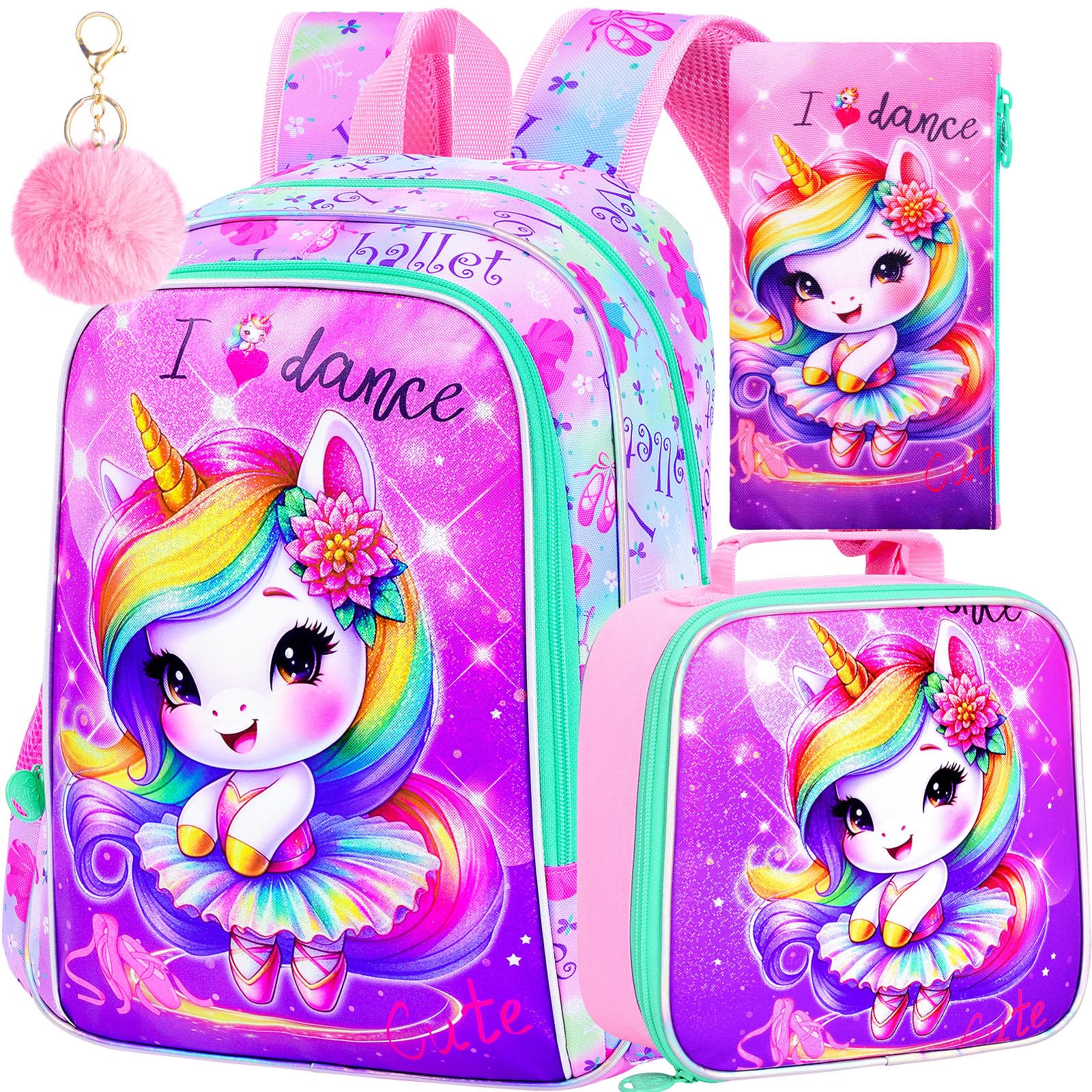 WZLVO 3PCS Kids Backpack for Girls, Unicorn Dinosaur Animal Prechool Elementary Kindergarten School Bookbag with Lunch Box