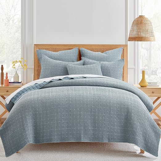 Levtex Home Mills Waffle King/Cal King Quilt Set (106x92in) with 2 Pillow Shams (36x20in) - Chambray - Cotton Waffle King Size Quilt Bedding Set - Lightweight, Soft, Pre-Washed