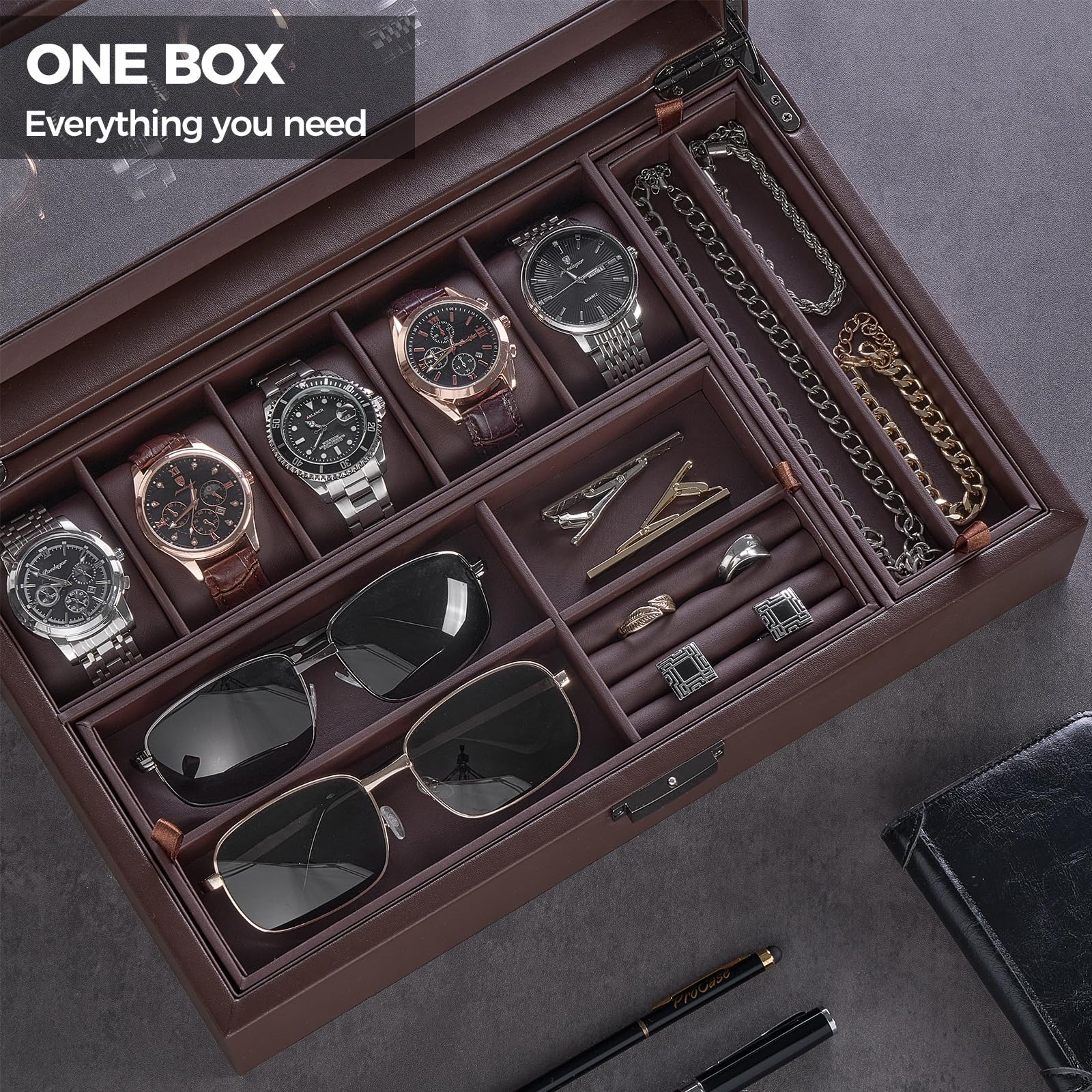 ProCase Orologio Scatola Gioielli Organizzatore, 5 Slot Vetrina Orologio in Pelle con Coperchio di Vetro Trasparente Divisori Rimovibili Scatola Gioielli Per Anelli Braccialetti Occhiali-Espresso