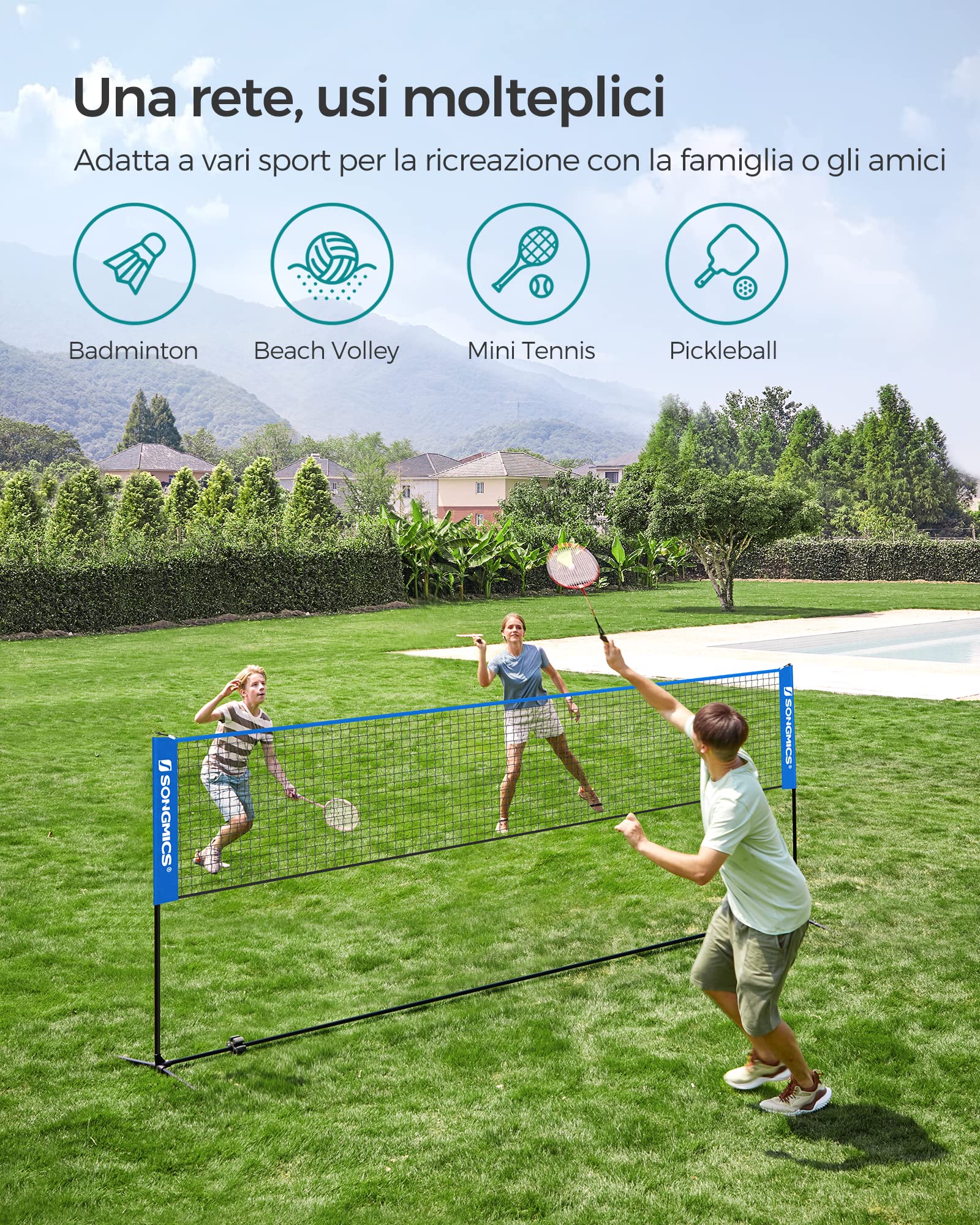 SONGMICS Rete da badminton da 3 m, rete da pallavolo, altezza pali regolabili, set portatile per tennis