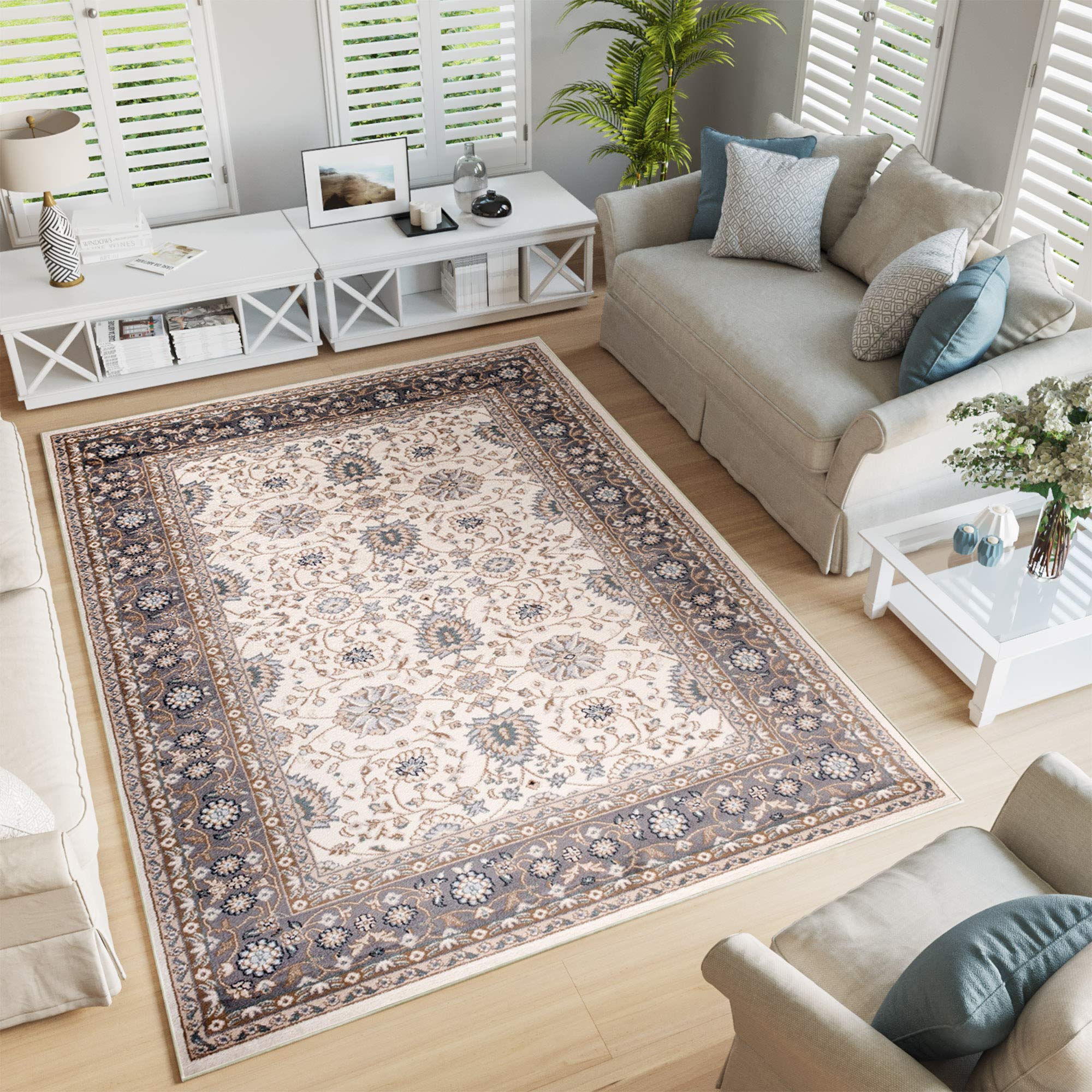 TAPISO Colorado Dywan do salonu, klasyczny, z krótkim włosiem, orientalny, kremowy, beżowy, szary, kwiatowy, ornament, wzór orientalny, Öko-Tex, 250 x 350 cm