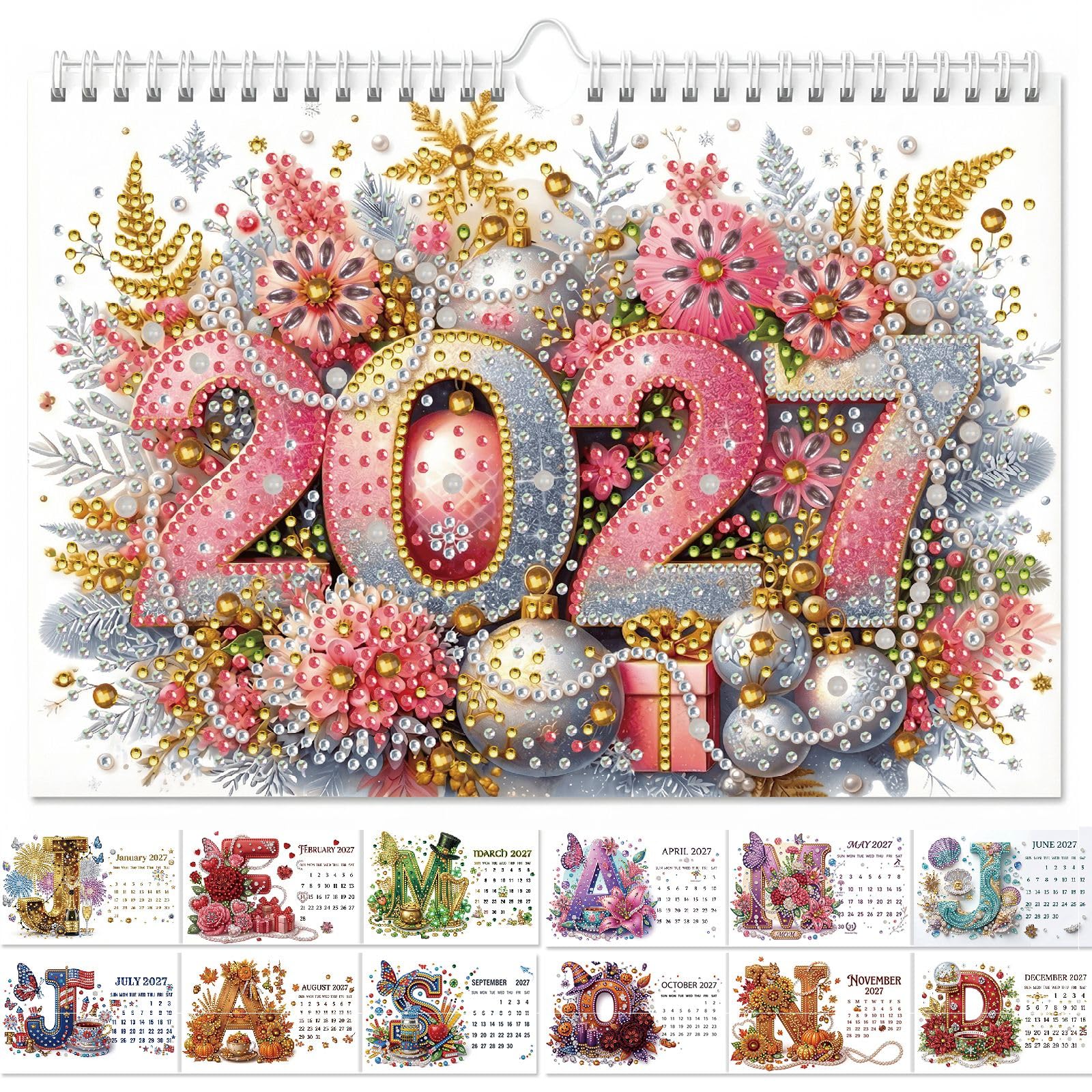 Lebartm 2027 Wall Calendar DIY Diamond Art Painting Hanging Calendar Horizontal 17x25cm Hanging Loop from January 2027 to December for Home Office Planning-Alphabet