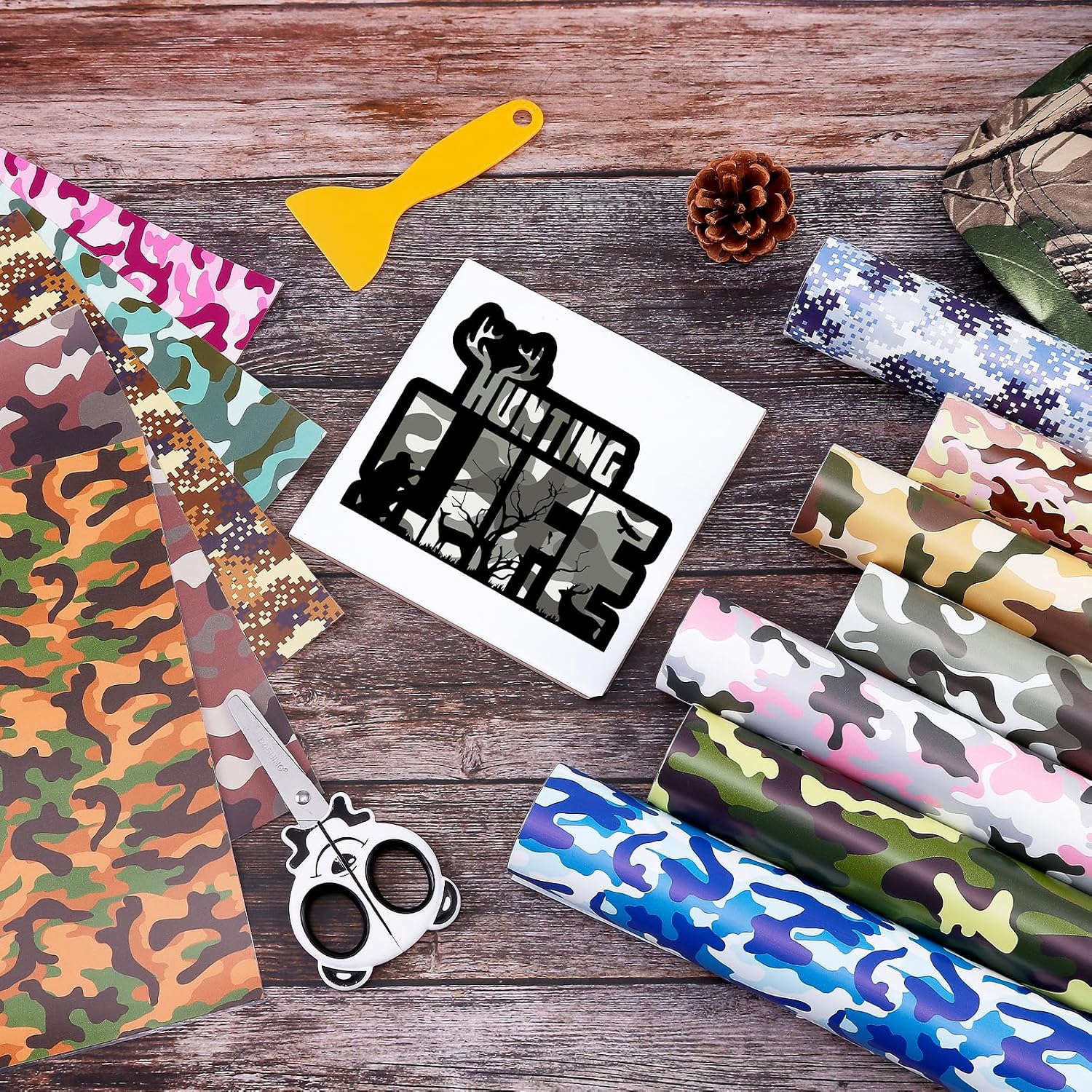 Camo Permanent Vinyl - 12 Sheets 12'' x 10''Colorful Camo Permanent Adhesive Vinyl for Mugs Decors Self Adhesive Vinyl