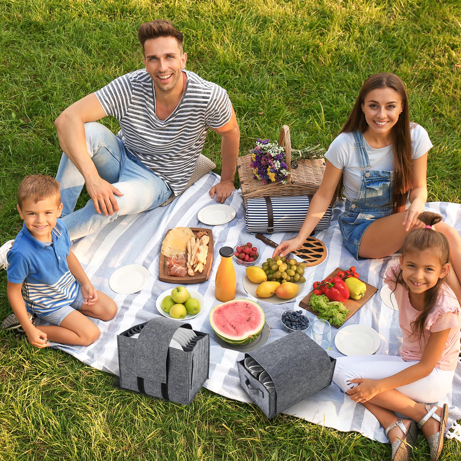 Boîte de Rangement en Feutre pour Rangement Camping-Car Rangement Vaisselle Support pour Assiettes Design Pliable Peut contenir 8 Assiettes et 6 Tasses（Gris）