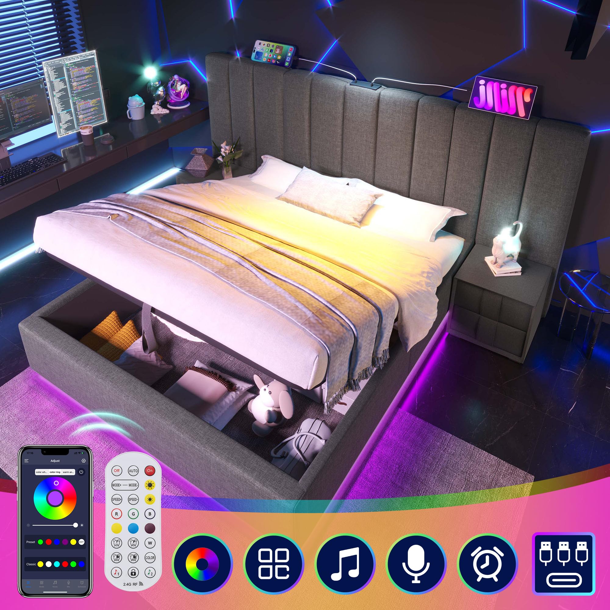 Letto Imbottito Con Contenitore Idraulico E Ricarica USB-C – Testata Morbida, Luci LED Regolabili, Struttura In Lino Beige 90x200 Cm (Senza Materasso)
