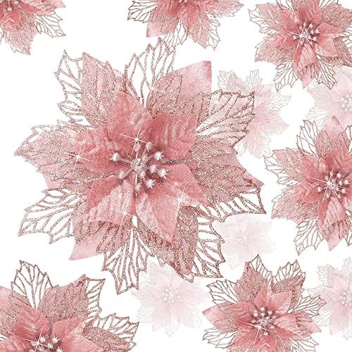 Geosar 24 Pieces Christmas Glitter Poinsettia Flowers Layered Artificial Xmas Flowers Wedding Christmas Tree New Year Ornaments 3/4/6 Inch(Rose Gold)