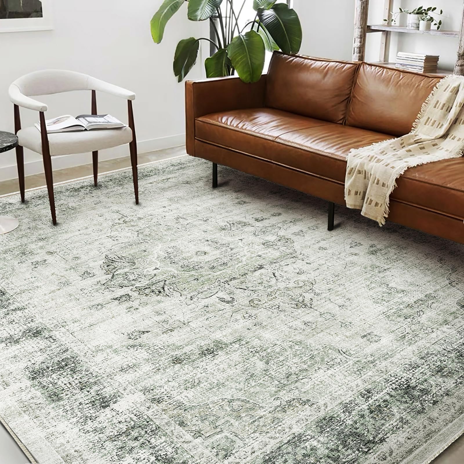 CHAMPLANT Area Rug 6'x9' Washable Floral Green Vintage Traditional Floor Cover Thin Retro Kitchen Indoor Distressed Non Slip Carpet for Living Room