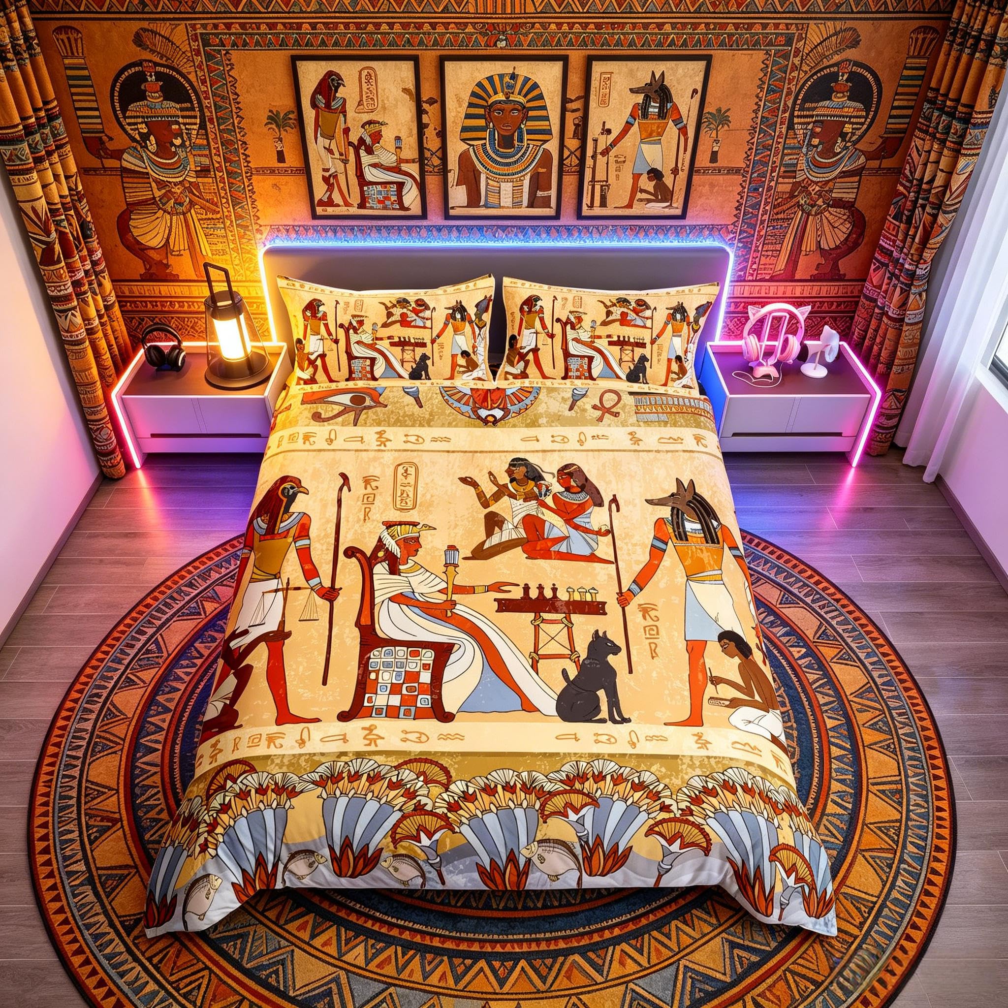 Loussiesd Women's Light Brown Ancient Egypt Bedding Set Retro Egyptian Pattern Duvet Cover For Men Adults Egypt Culture Comforter Cover Tribal Eagle Dog Design Bedspread Cover Bedroom Decor Quilt Cover 2Pcs Single Size