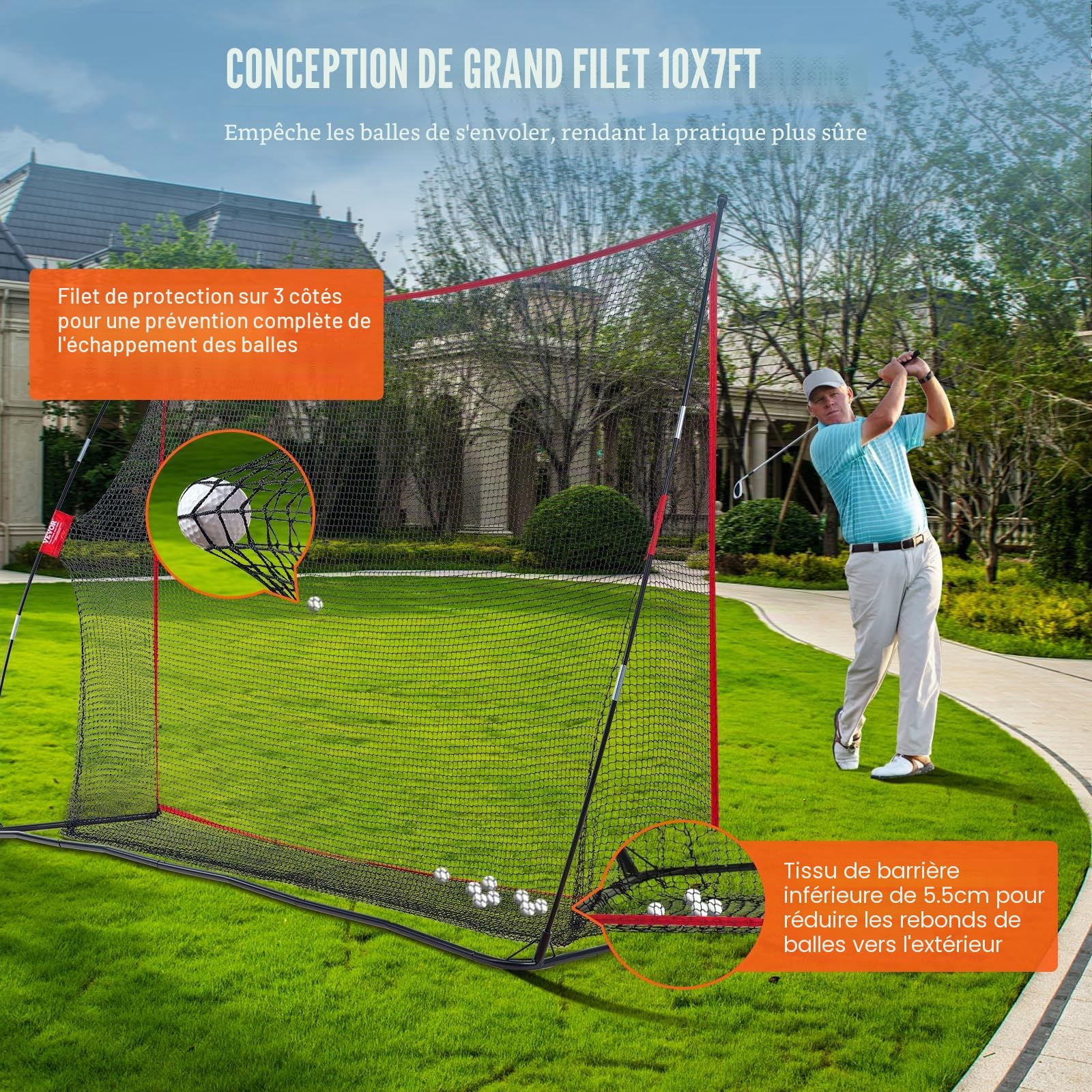 VEVOR Filet d'Entraînement au Golf 329x217 cm, Filet de Frappe de Golf pour Extérieur Intérieur, avec Cadre en Fibre de Verre Solide et Sac de Transport, Matériels d’Entraînement pour Amateurs de Golf