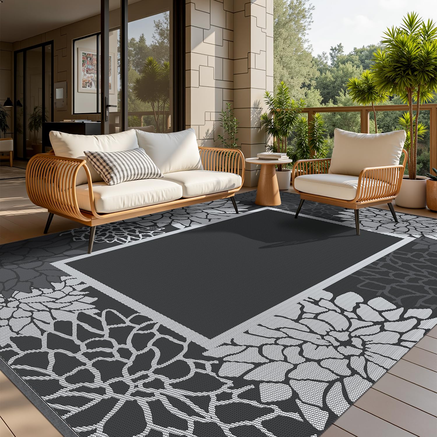 COCOER Floral Outdoor Rug 5x8 Reversible-Waterproof Patio Rug-Quick Dry Outdoor Carpet-Outdoor Area Rugs Indoor Outdoor Rugs-Outside Rug Patio Decor for Porch Deck Balcony Backyard
