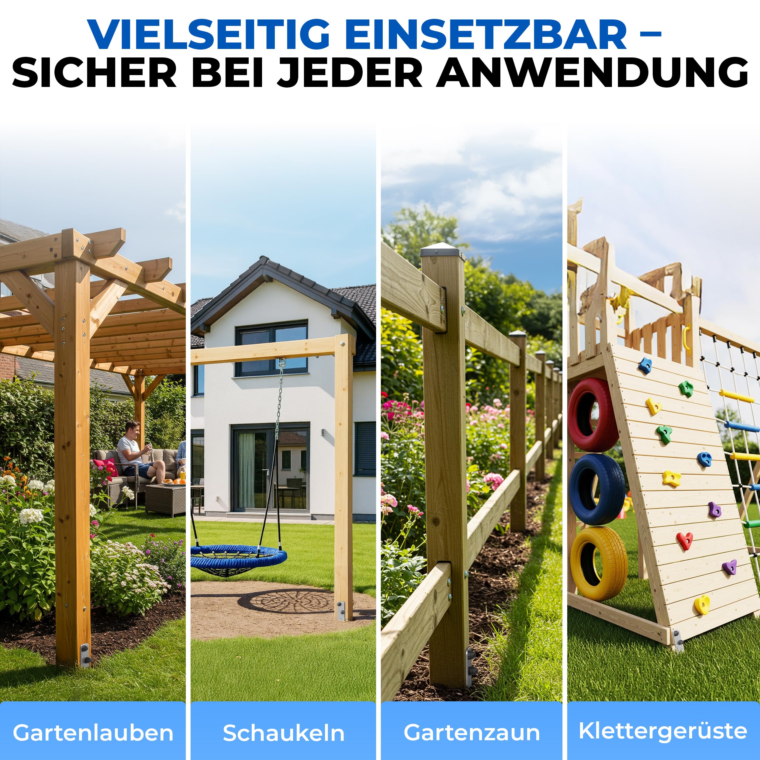 Bodenanker für Holzpfosten Einschlaghülse Z-Form 50,5 cm, 4er Set, 5 mm Stahl feuerverzinkt, V-Spitze, Made in EU, inkl. Schrauben & Sicherheitsabdeckkappen, für Schaukel Spielturm Holzpfosten