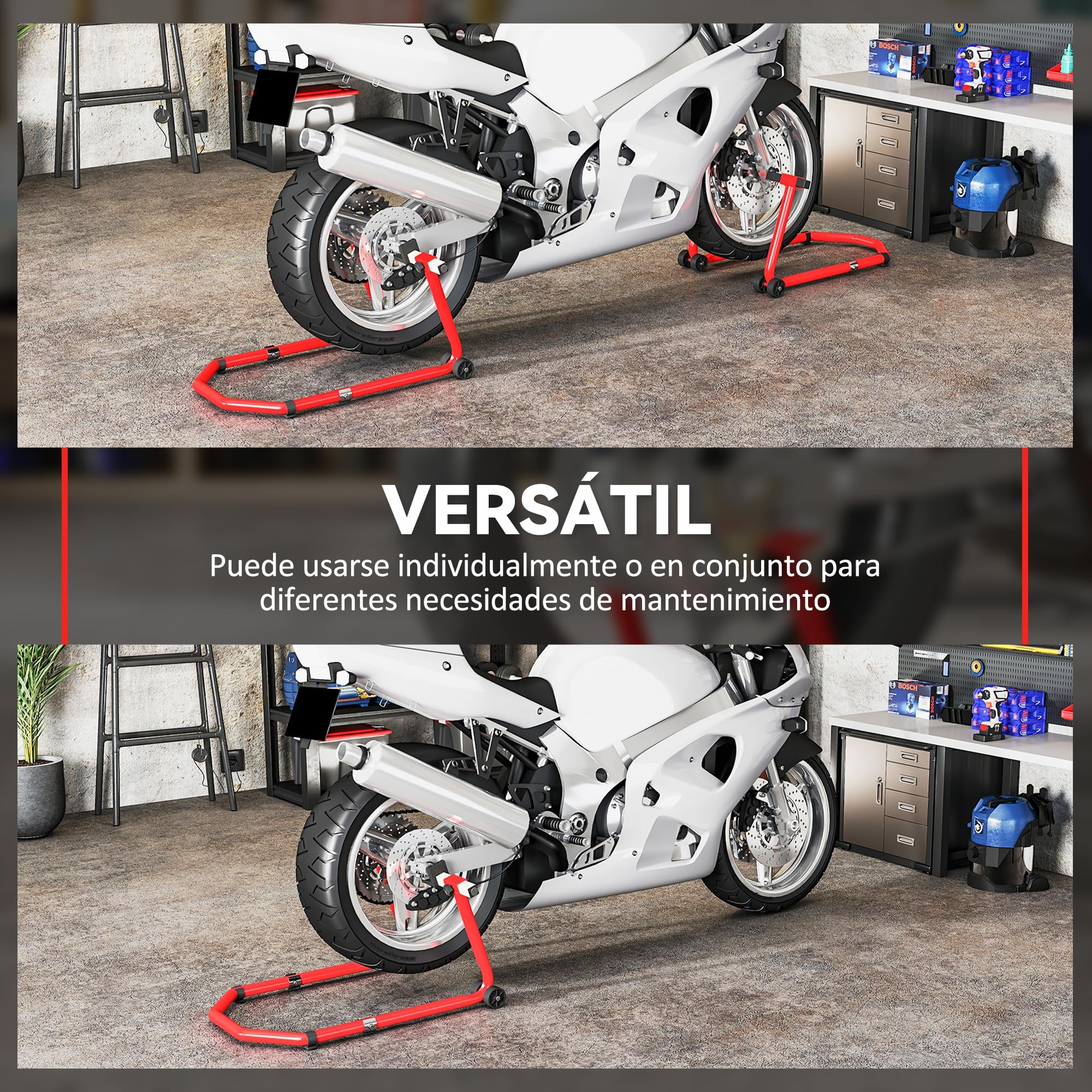 HOMCOM Caballete Moto Elevador Universal Carga 390 kg Combo Soporte de Rueda Delantera y Trasera Motocicleta con Adaptadores de Horquillas en U y L Ajustables y Ruedas para Reparación y Mantenimiento