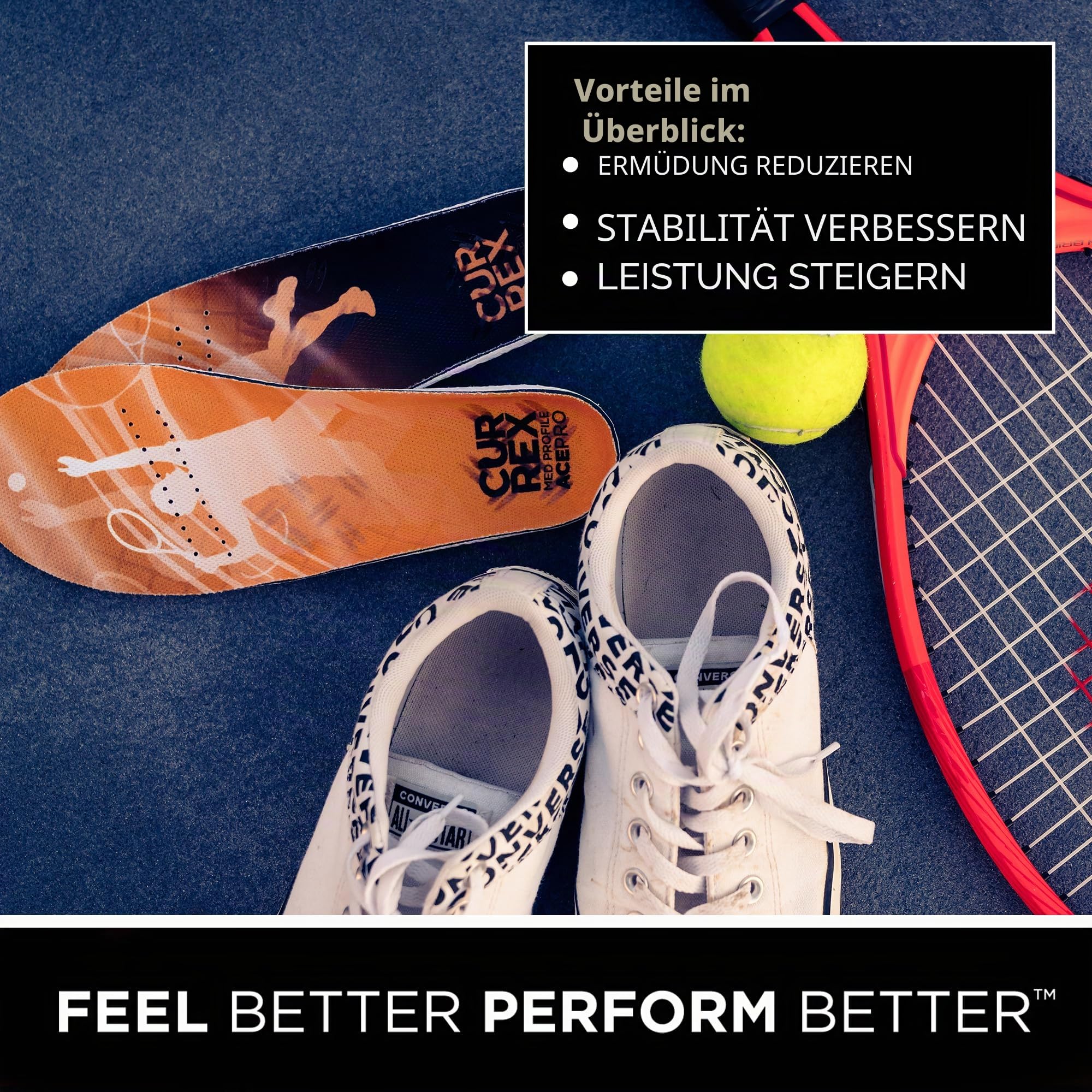 CURREX AcePro Einlegesohlen für Tennis- und Hallenschuhe - Optimal für Handball, Badminton und Volleyball (Med Profile) - EU 44,5-46,5 (XL)