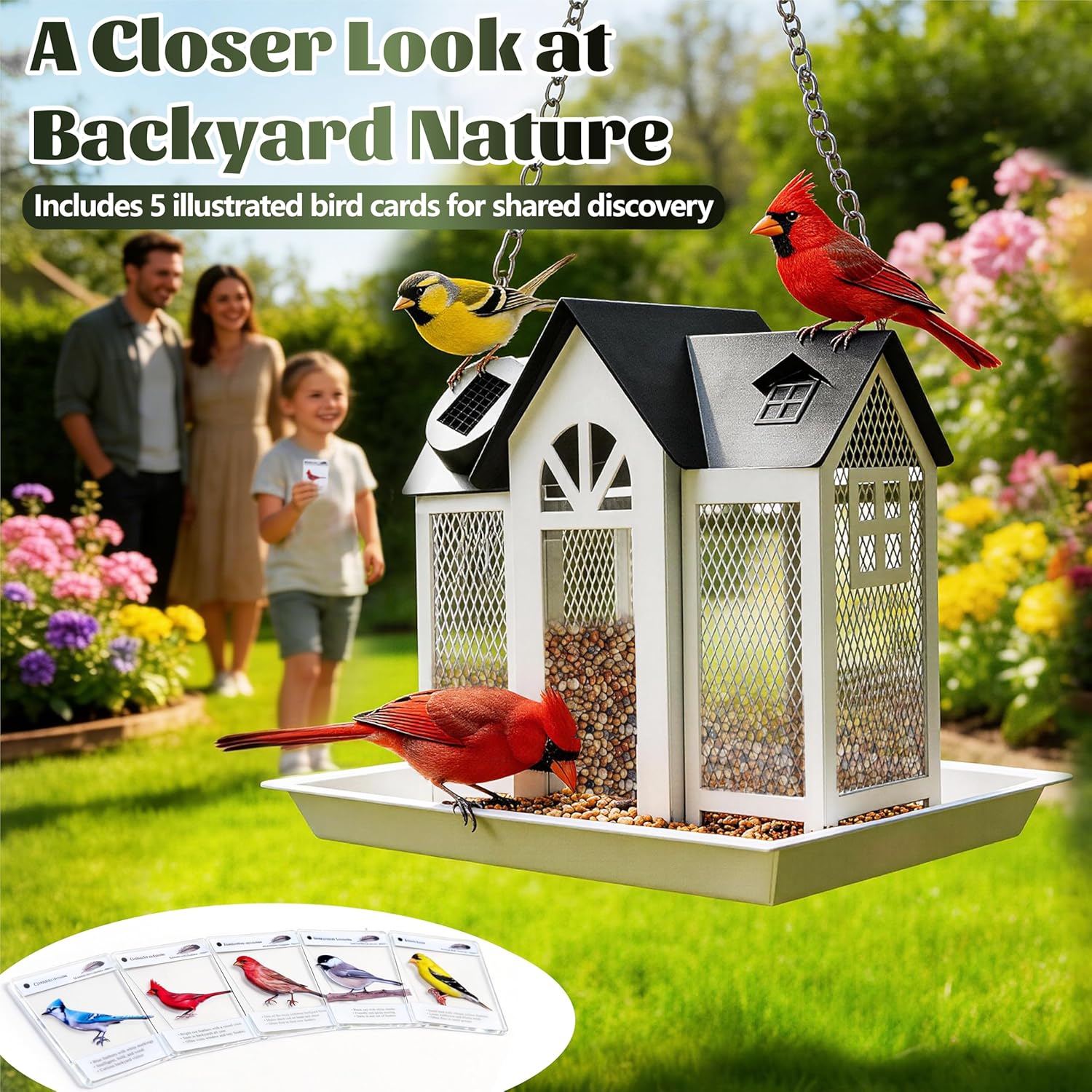 Solar Bird Feeder for Outdoors Hanging – Heavy Duty Metal Wild Bird Feeders with Solar Light & 5 Bird ID Cards – Chew Resistant Seed Feeder for Cardinal, Unique Gifts for Mom