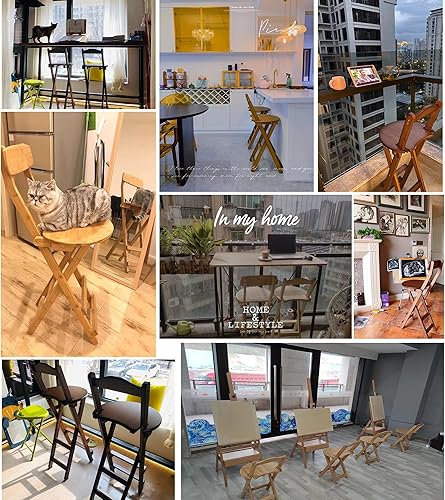 Miniatura 9 de Taburete plegable con respaldo, taburete de bar portátil de altura de mostrador de cocina, reposapiés, silla de madera para el hogar, cocina y