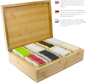Bamboo Tea Box with 8 Compartments (for 160 Tea Bags) Large Tea Box Organiser with Lid High-Quality Wooden Tea Bag Storage Box 23 x 30 x 9 cm