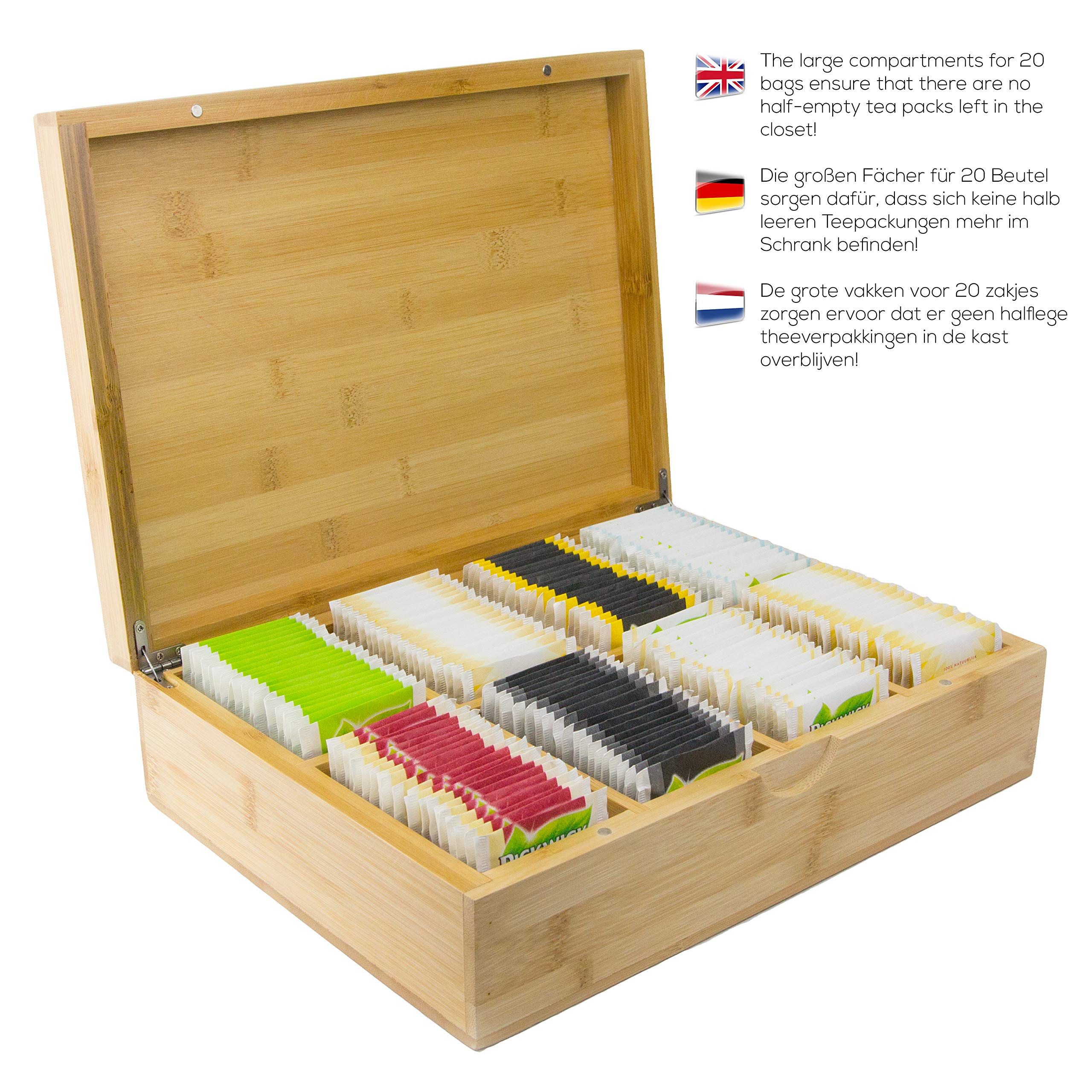 Caja de té de bambú con 8 compartimentos (para 160 bolsitas de té) | Organizador grande con tapa | Caja de madera para bolsas de té de alta calidad | 23 x 30 x 9 cm