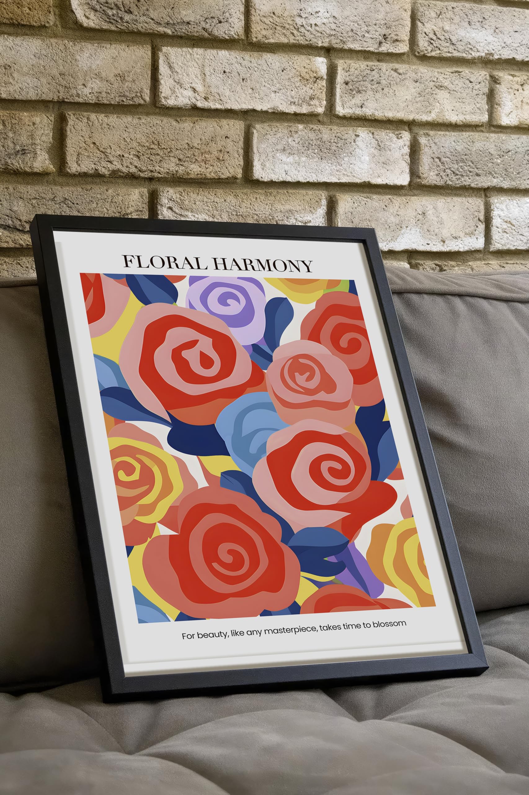 Zestia Siyah Çerçeveli Tablo, Renkli Güller, Floral Harmony Yazılı, Modern Grafik Poster No: 107615 30 x 40