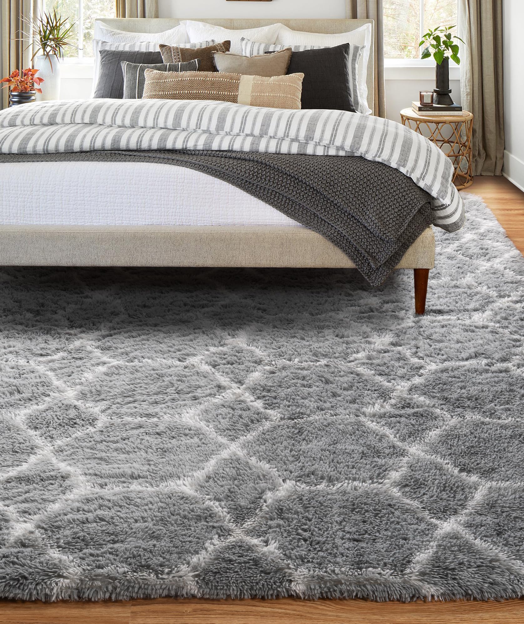 Tapis Salon 180x270cm Géométrie, Tapis Chambre Cool Gris et Blanc, Lavable En Machine Grand Tapis a Motif, Doux Shaggy AntidéRapant Moquette, pour Descente de Lit et Salle de Repos, Chambre Enfant