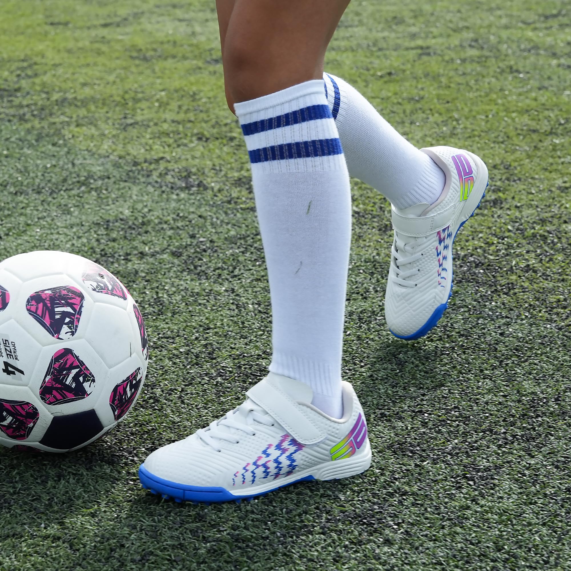 brooman Kids Turf Soccer Shoes Girls Boys Indoor Soccer Shoes (1,White/Navy)