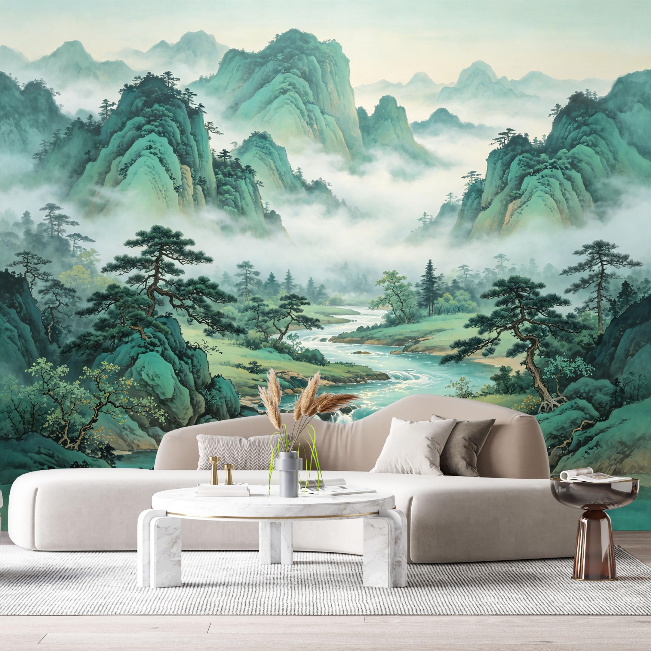 Custom Size Wall Murals Misty Mountain Landscape River Valley Waterfall Forest Oil Painting SelfAdhesive Wall Fabric Removable Large Wallpaper for Photo Living Room