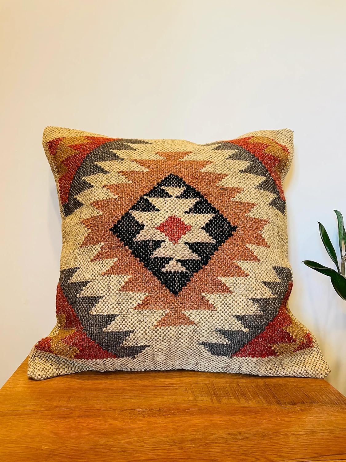 Indian Throw Pillow Cover Jute Wool Kilim Cushion Cover 18x18 inch Handwoven Tribal Pillow Boho Rustic Decor for Sofa Chair Bed Multicolor Vintage Throw Cushion Cover for Sofa(Pattern 05)