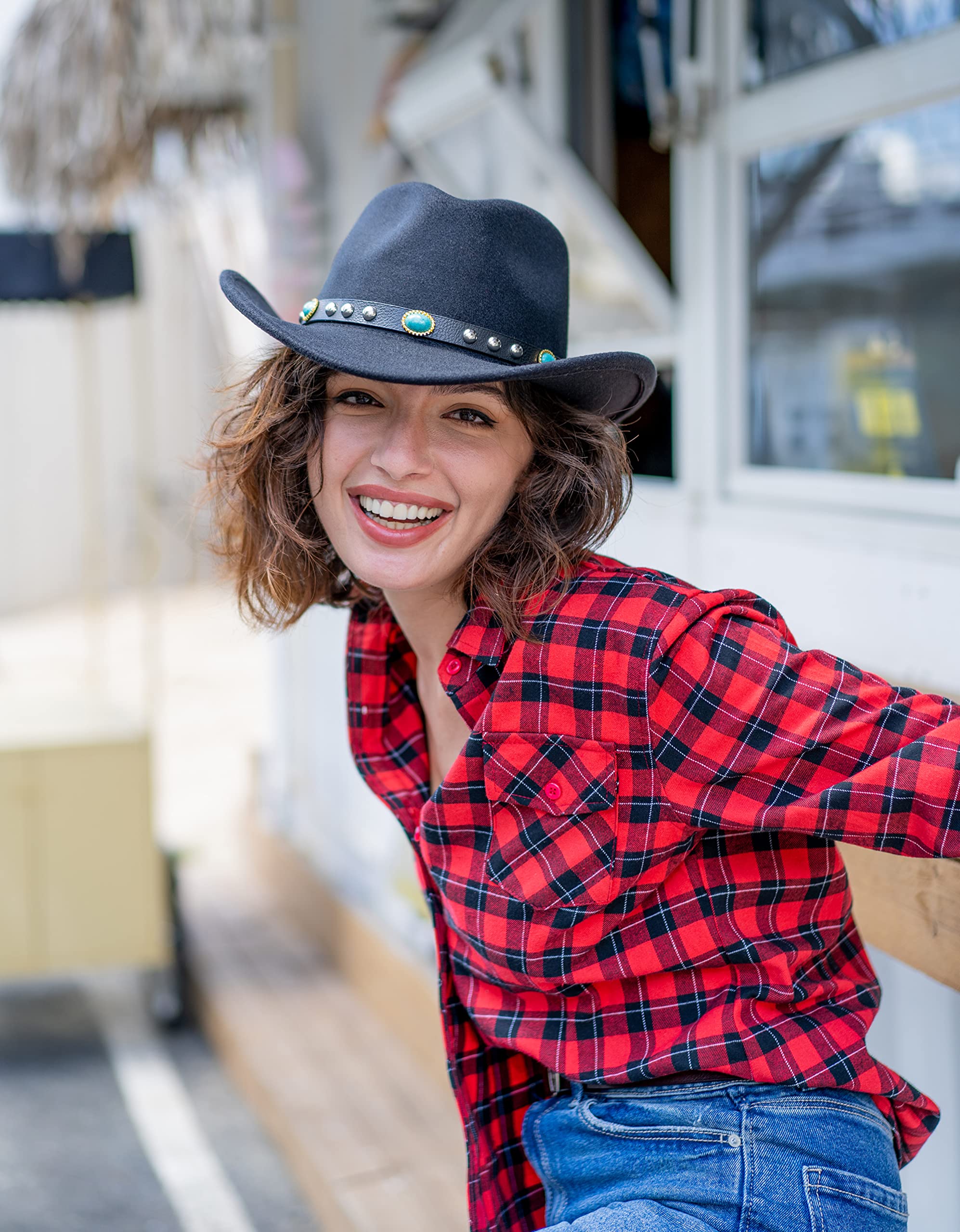 Toppers Mens Womens Western Wide Brim Cowboy Hat Outdoor Panama Fedora Hat with Strap BlueGem