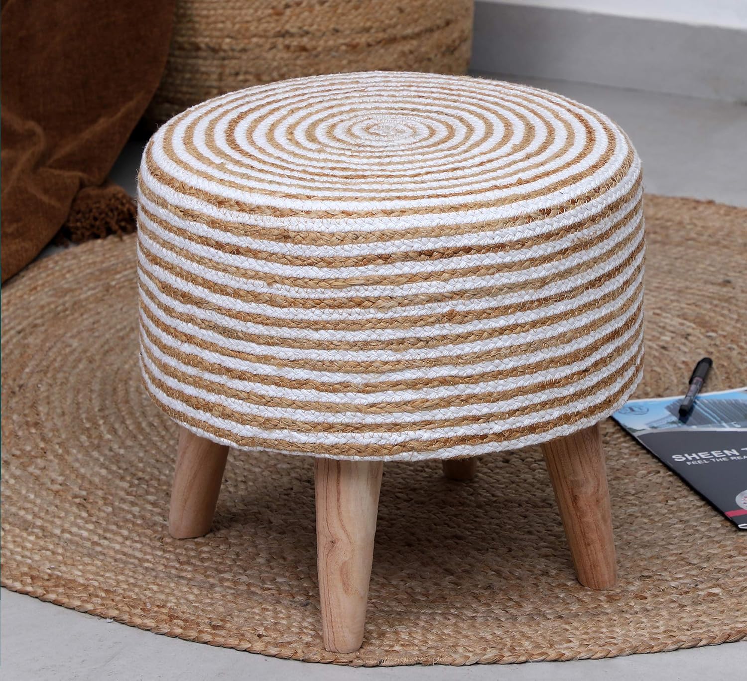 Sheen Decor Natural White Jute Pouffes Sitting Stool for living room
