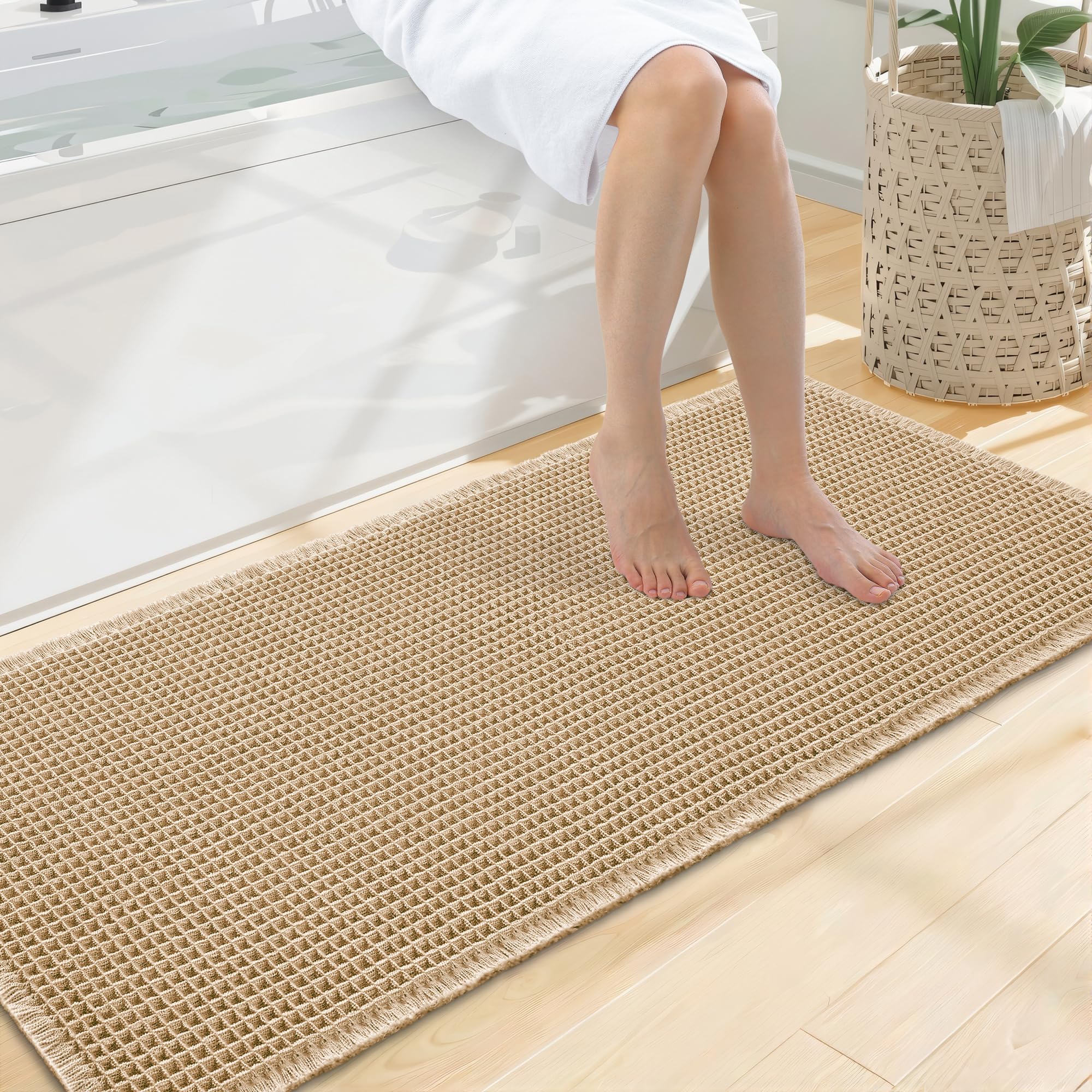 Smiry Waffle Bath Mat 47X20, Extra Soft Absorbent Bathroom Rugs, Brown
