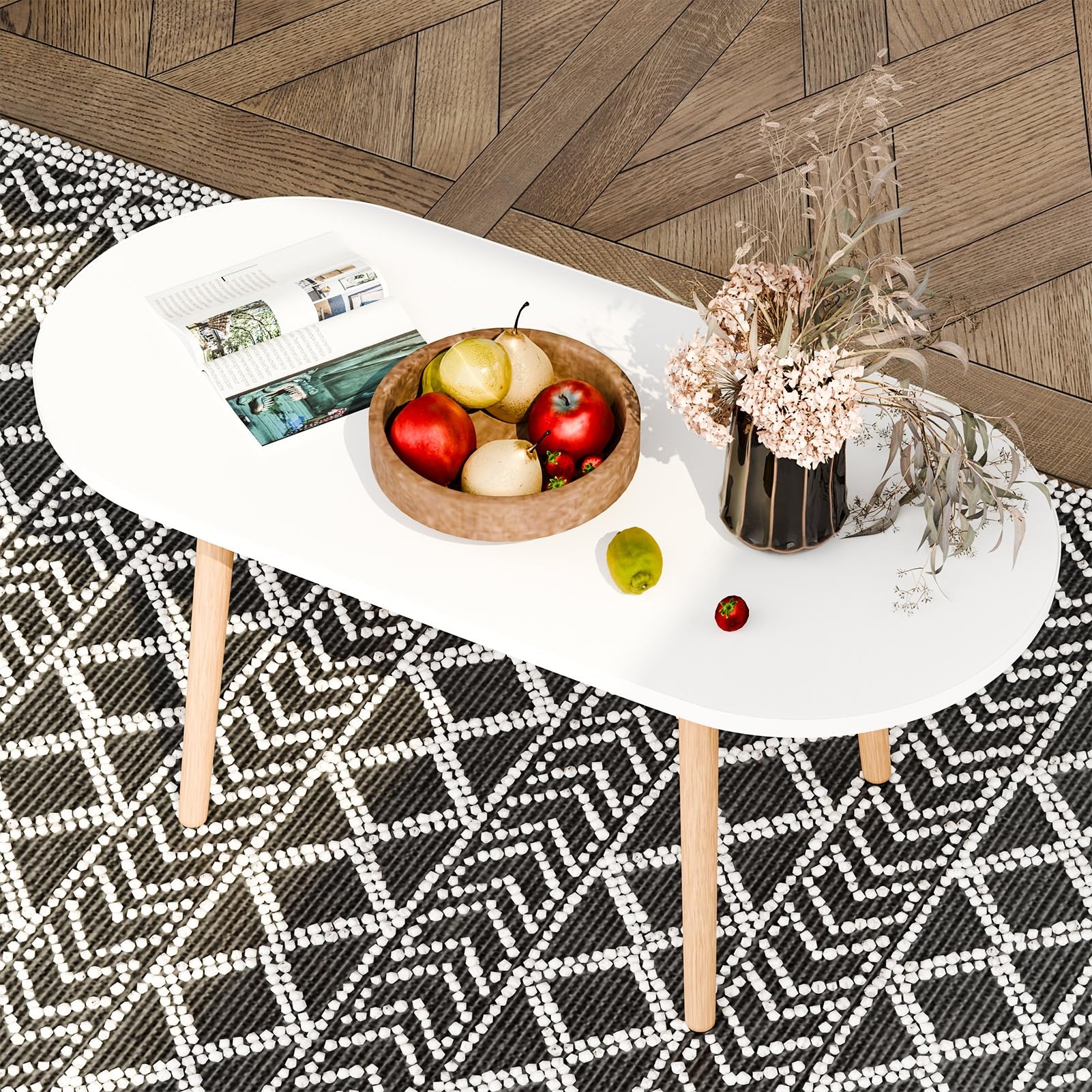 cdar Modern Coffee Table Patio Small Tea Table with Rounded Edge Solid Legs Wood Accent Living Room Center