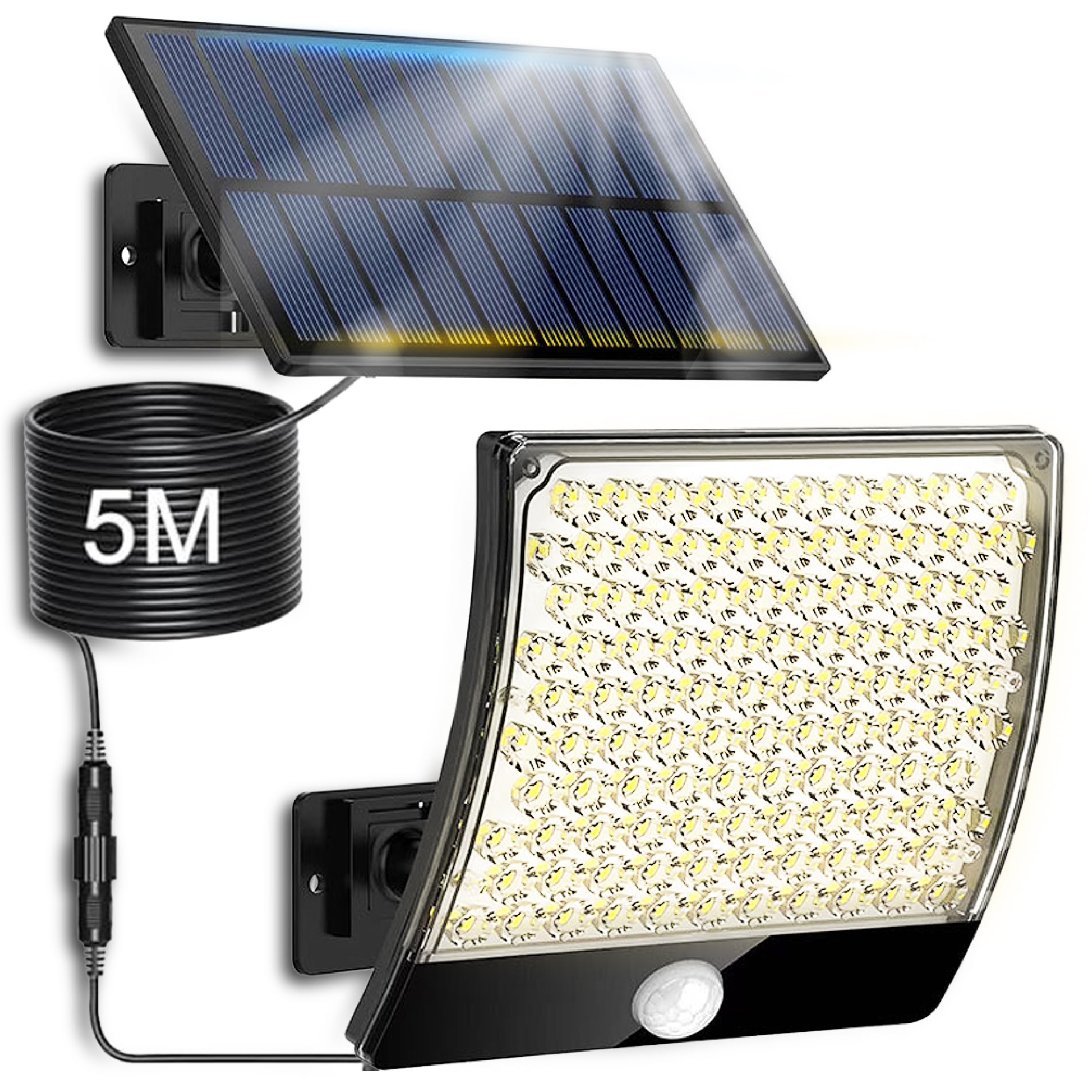 Luces Solares LED Exterior Jardín con Sensor Movimiento – foco solar 105 Leds IP65, Luz Solar Exterior Potente 6500K, Panel con Cable 5M, 3 Modos, Iluminación LED Seguridad Pared Terraza (1, Paquete)
