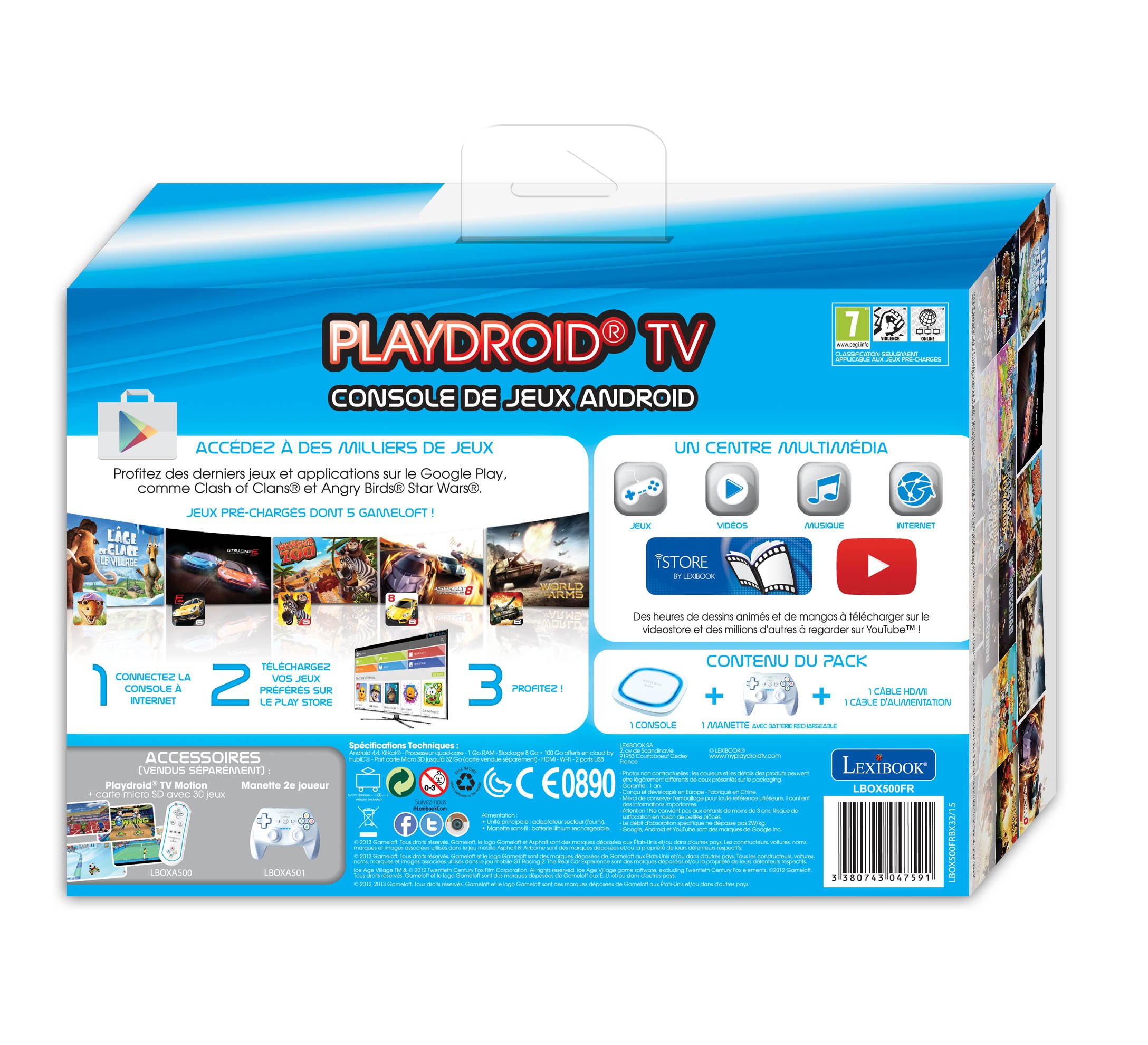 Lexibook Playdroid TV - Console de Jeux Android, Se Branche à la Télé en HDMI, Manette sans-Fil, Lecteur Vidéo, Gaming, Multimédia, Google Play, Youtube, Blanche – LBOX500FR