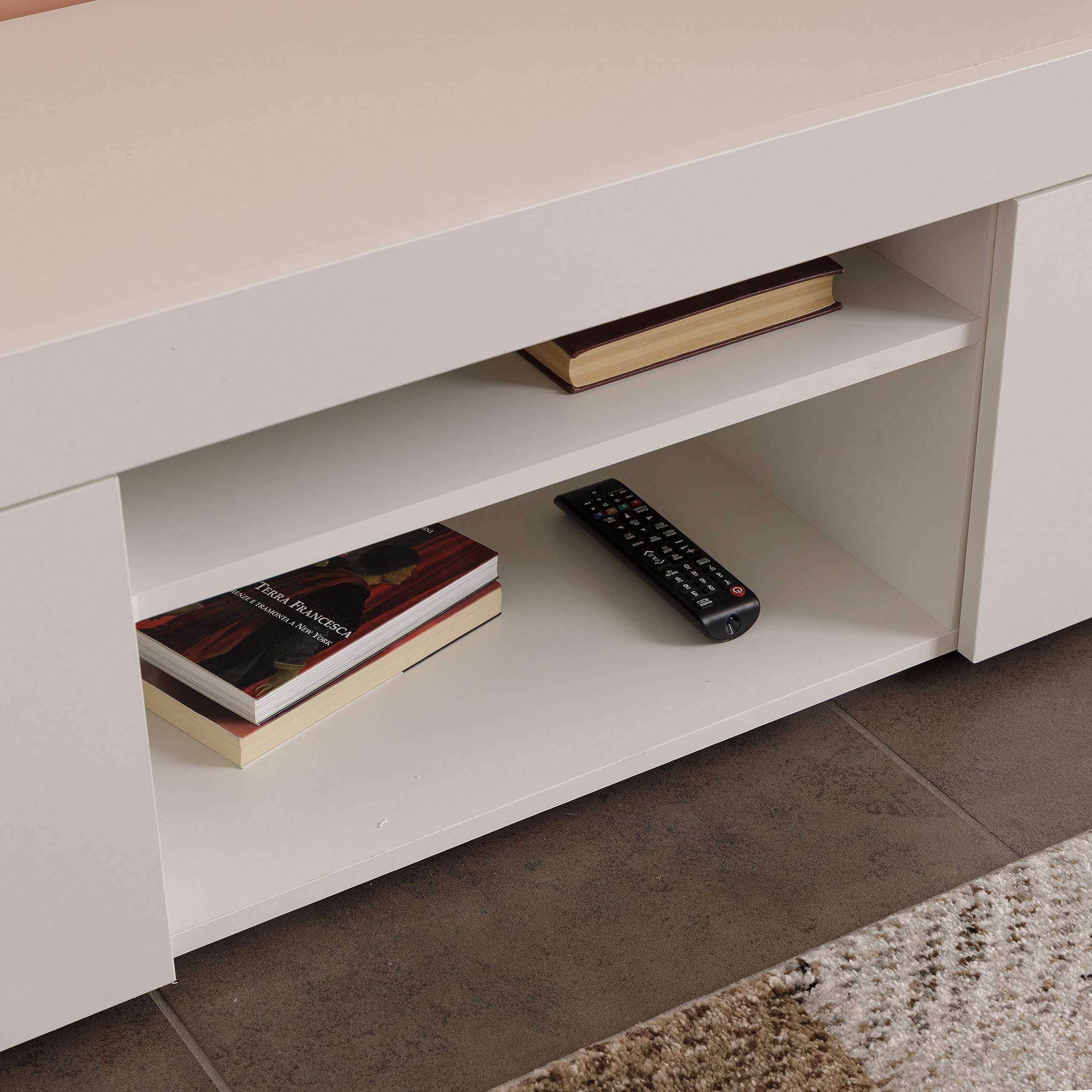 Baroni Home Mobile per Tv con 2 Sportelli 2 Ripiani, Foro per Passaggio Cavi in MDF, Consolle Porta TV per Camera da Letto, Salotto, Cucina, Bianco, 160x35x40 cm