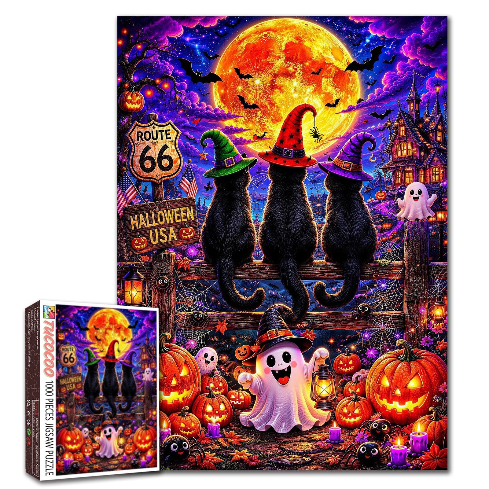 Black Cat Puzzle Magic Pumpkin Jigsaw Halloween Castle Ghost 1000 Pieces Puzzles for Adults Beginner Gothic Style Picture Challenging Family Activity Games DIY Crafts Puzzle for Home Decor Gifts โ image 1