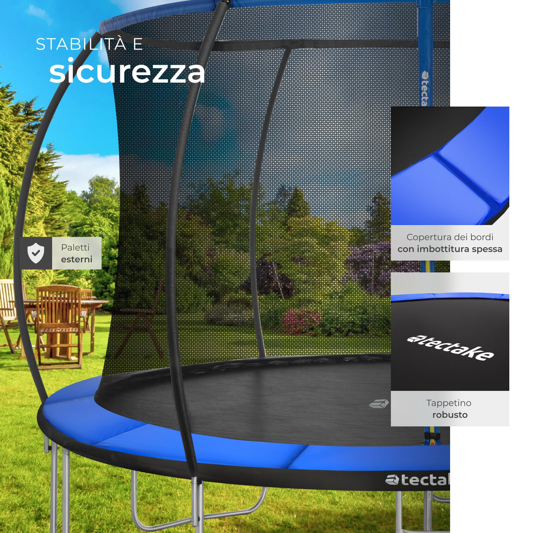 tectake® Trampolino Elastico per Bambini e Adulti Ø 244/305/366 cm, Certificato GS, Tappeto Sport Resistente agli Strappi, Rete di Sicurezza Bambini, Scaletta, Struttura in Acciaio, Bordo Imbottito