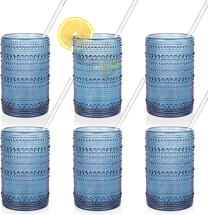 Large Hobnail Drinking Glasses Set of 6,15oz Blue Vintage Glassware,Embossed Glass Cups,Water Tumbler,Highball Glasses For Beer, Juice And Various Mixed Drinks