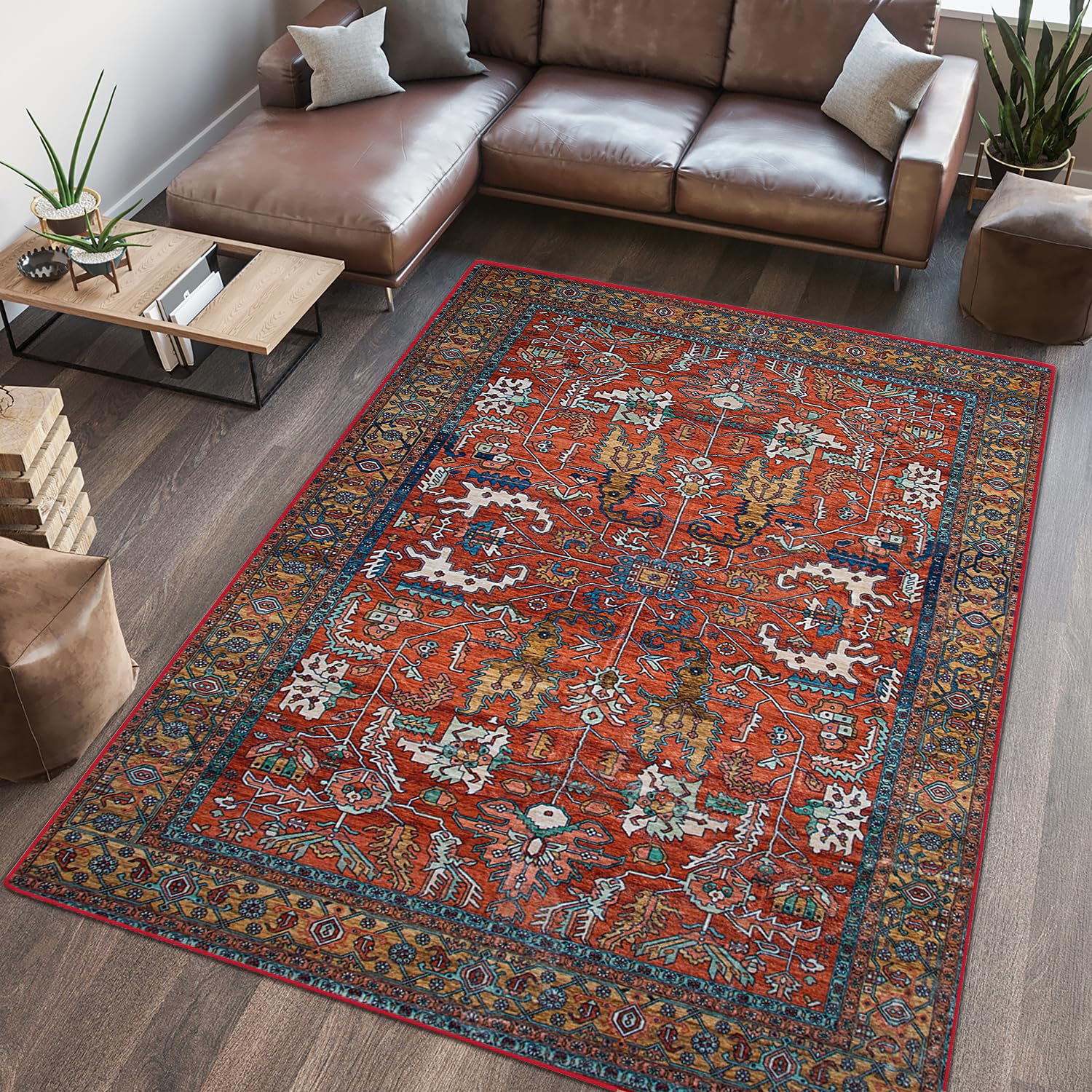 NEATIIPWashable Bohemian 4x6 Area Rug, Suitable for Bathroom for Bedroom Living Room Kitchen Outdoor The Boho Printed Area Rugs, Non-Slip Backing Washable Rug Red/Blue