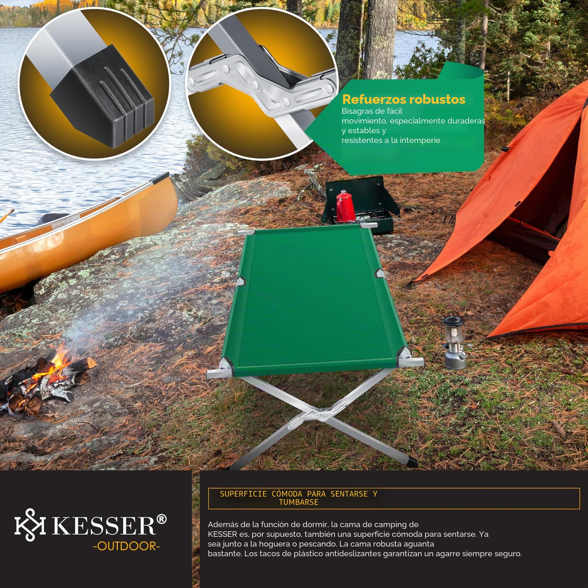 KESSER® Cama de Camping Plegable Resistente con Bolsa de Transporte, Bolsillo Lateral y Luz de Camping | 190x73x45cm hasta 150 kg Tubo de Metal | Tela Oxford 600D Portátil Cómoda | Verde