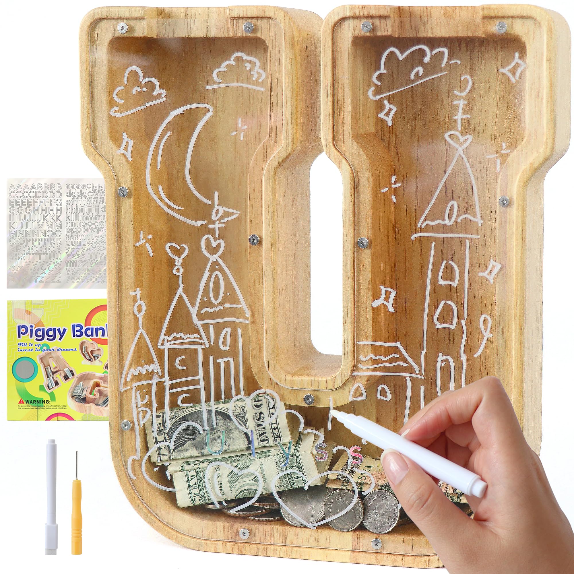 Lakpopya Spardose Kinder Jungen, Personalisiert Holz A-Z Spa