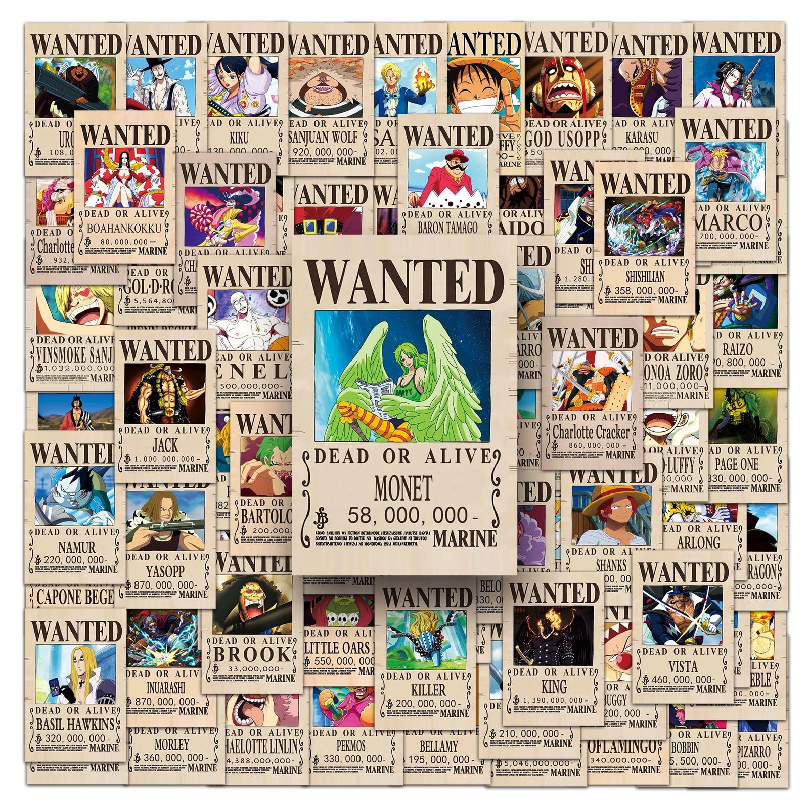 100Pcs One Piece Wanted Poster Stickers, Cute Vinyl Waterproof Pirate Manga Sticker for Notebook, Water Bottles, Laptop, Skateboards, Luggage, Phone Suitcase, Guitar