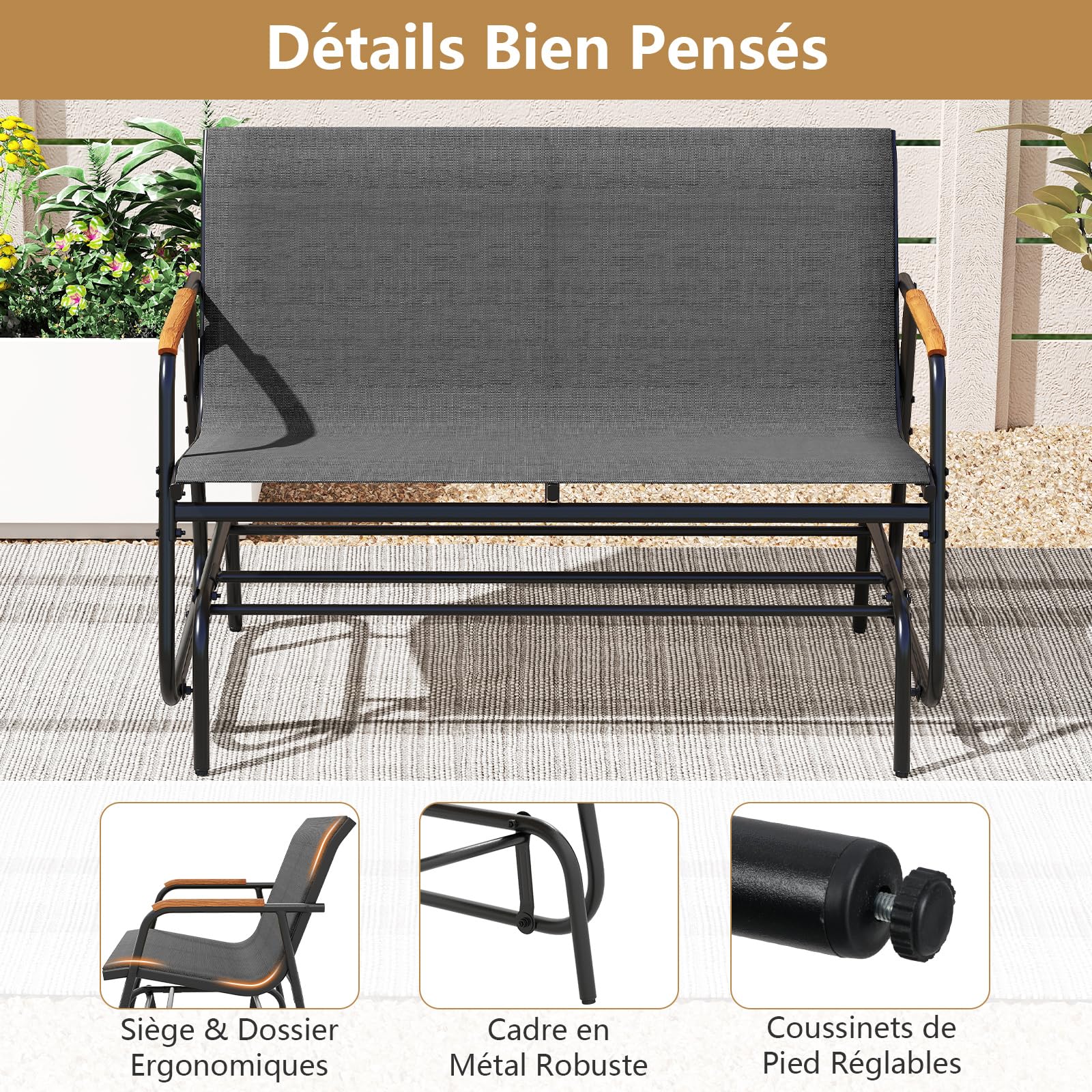 COSTWAY Banc de Jardin à Bascule, Charge 300 kg, 115 × 74 × 84 cm, Gris
