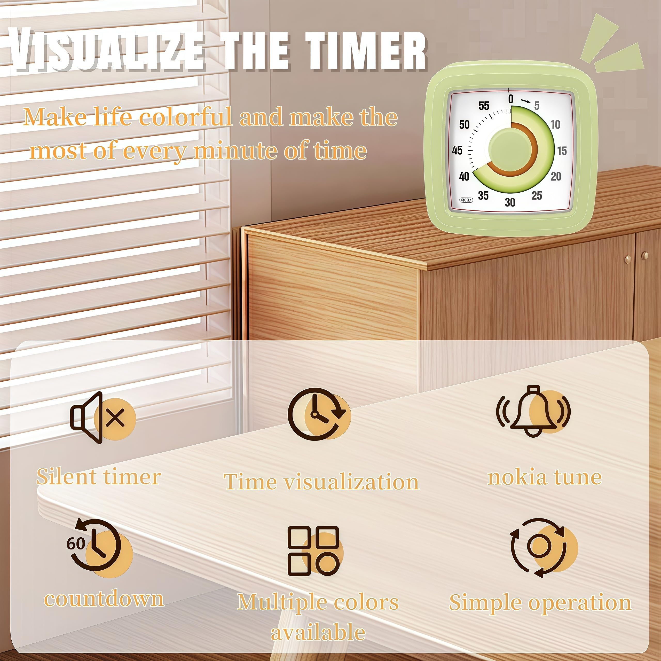 Minuteur visuel pour enfants pour cuisine, salle de classe, cuisine, apprentissage, chambre, bureau, compte à rebours de 60 minutes Pomodoro pour enfants atteints d'autisme et de TDAH (style avocat)