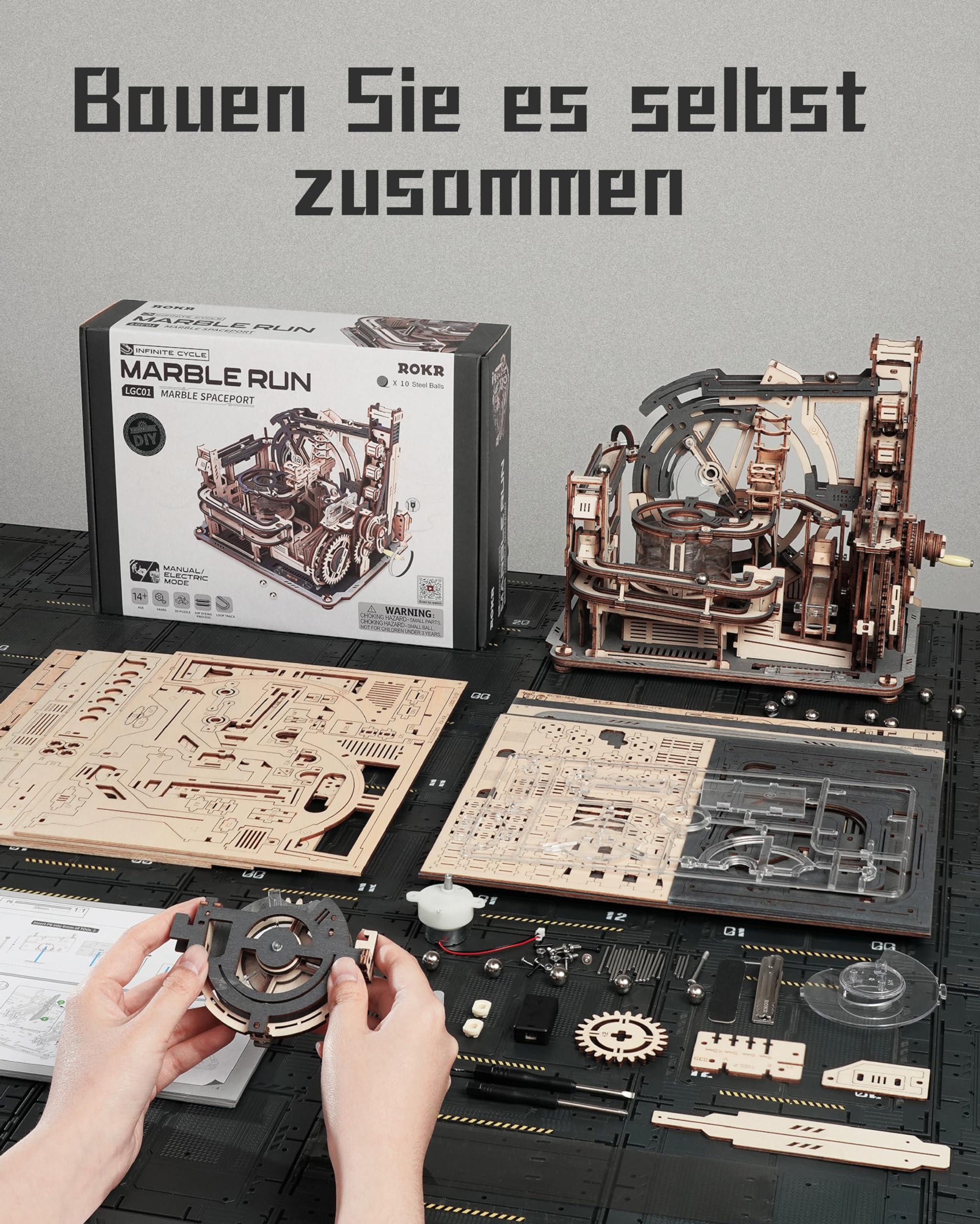 ROKR Kugelbahnen 3D Holzpuzzle für Erwachsene, 3D Puzzle Holz Motorbetriebene Mechanische Modellbausätze mit Kugeln, Automatischer & Manueller Modi, Marble Spaceport, LGC01