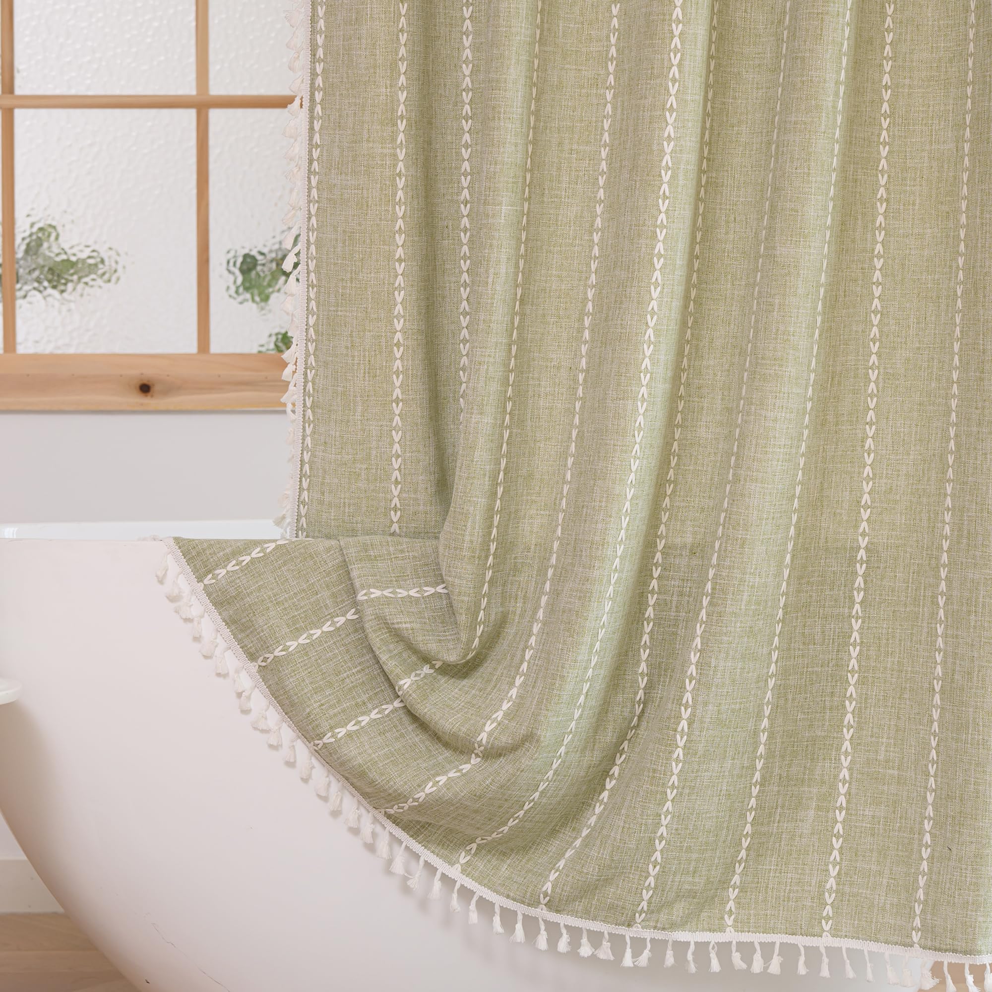 Plenmor Heavy Weight Fabric Cotton Shower Curtain with Hooks Waterproof Stripe Bathtub Boho Curtain for Bathroom Sage Green W 70.9" x L 70.9" (1 Panel)