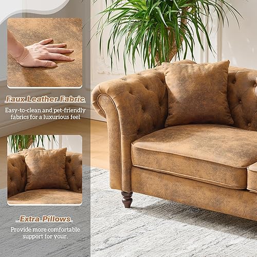 Miniatura 7 de Sofá Chesterfield de piel sintética de lujo de 83 pulgadas, cómodo sofá tapizado profundo de 3 plazas con reposabrazos enrollable y botón copetudo