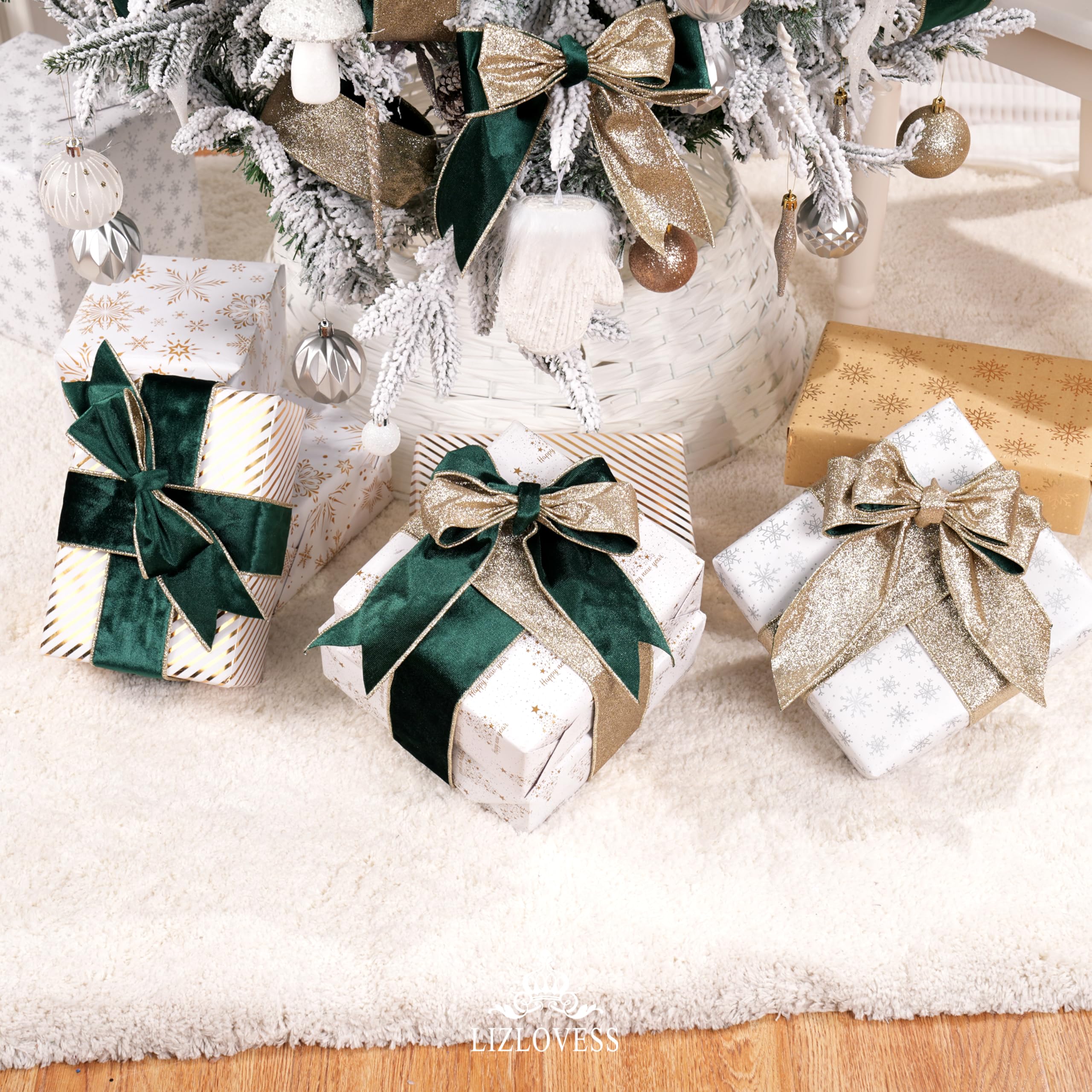 Cinta de terciopelo verde con alambre y parte trasera de purpurina de 2.5 pulgadas, cinta de Navidad verde oscuro y dorado para árbol de Navidad, envoltura de regalos, manualidades,