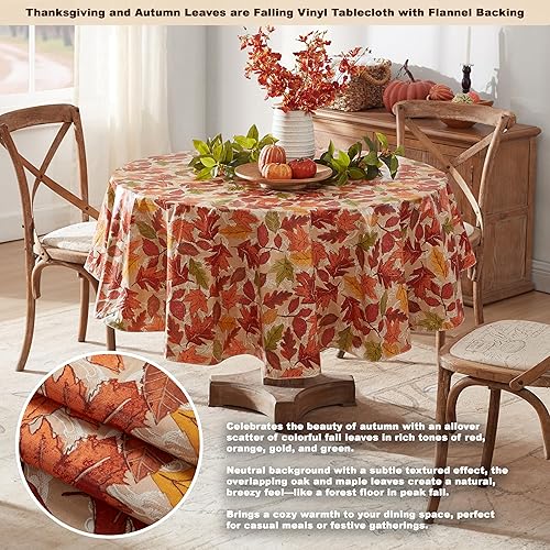 Miniatura 2 de Newbridge Mantel de vinilo con parte trasera de franela de otoño y Acción de Gracias, diseño de hojas contemporáneas, de fácil cuidado, con parte