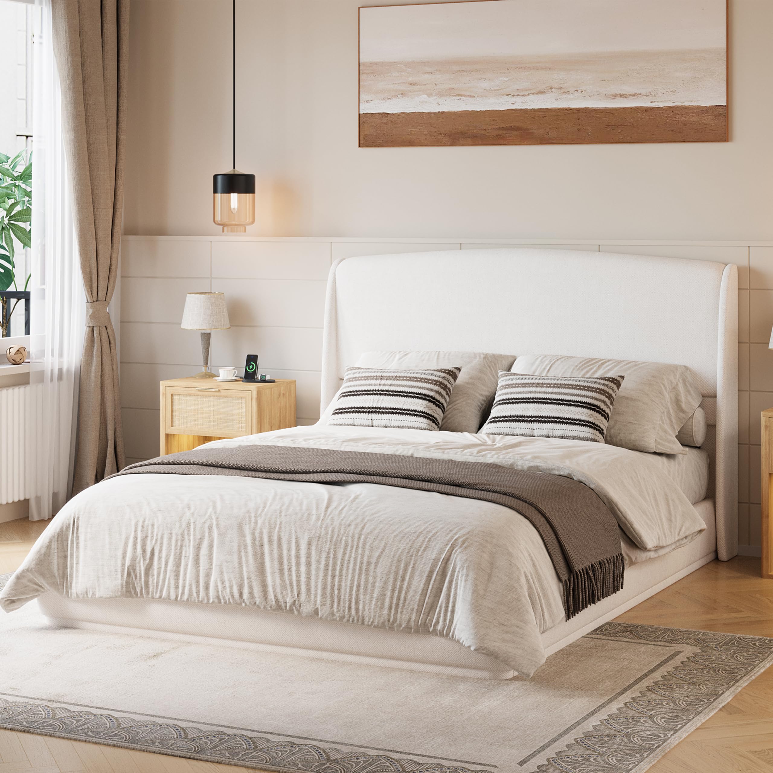 Photo 1 of **UNTESTED**
Merax Queen Bed Frame with Wingback Headboard, Low Profile Platform Bed, Linen Fabric, No Box Spring Needed, Wood Slat Support, Easy Assembly, Beige