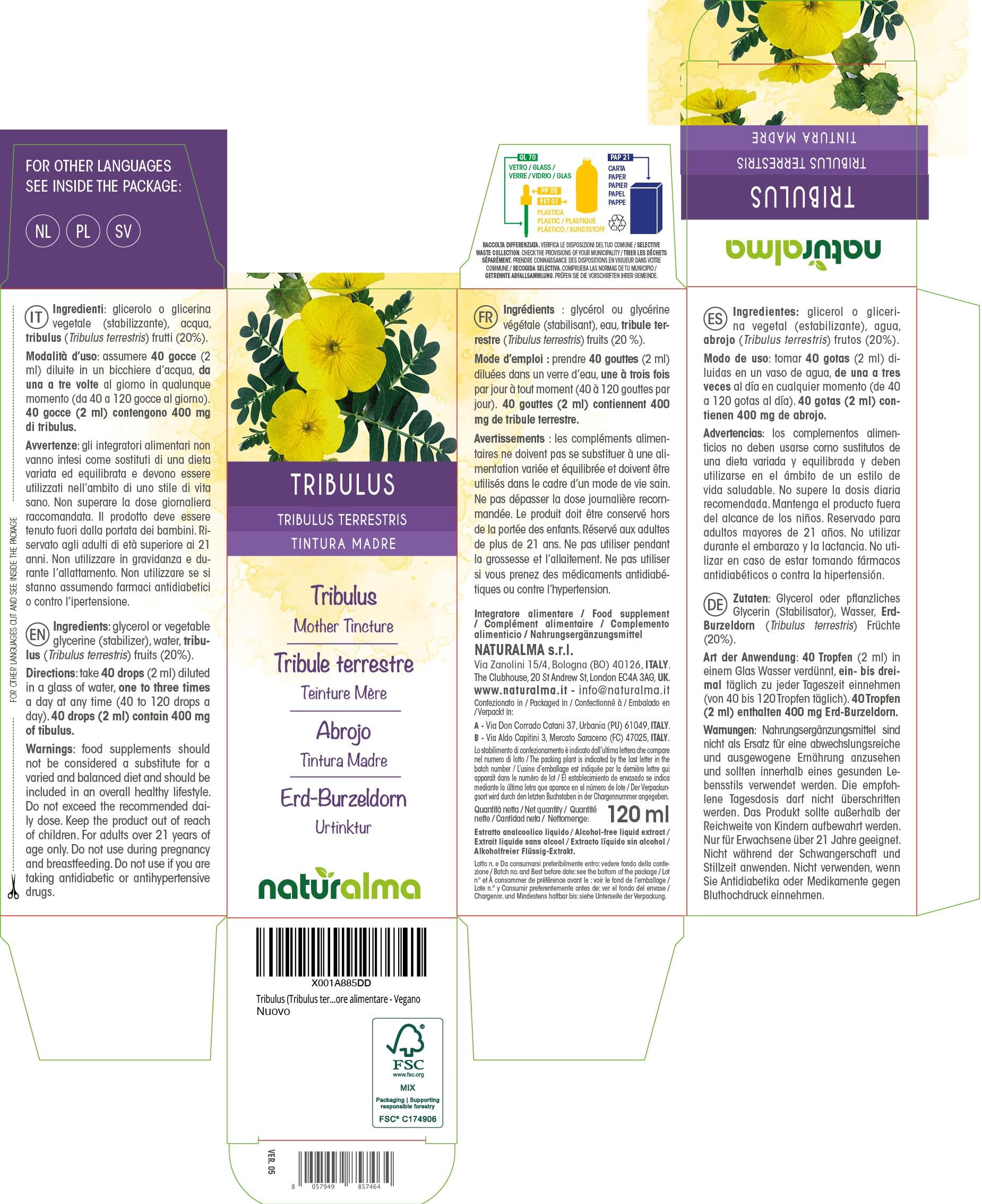 Tribulus (Tribulus terrestris) frutti Tintura Madre analcoolica Naturalma - Estratto liquido gocce 120 ml - Integratore alimentare - Vegano