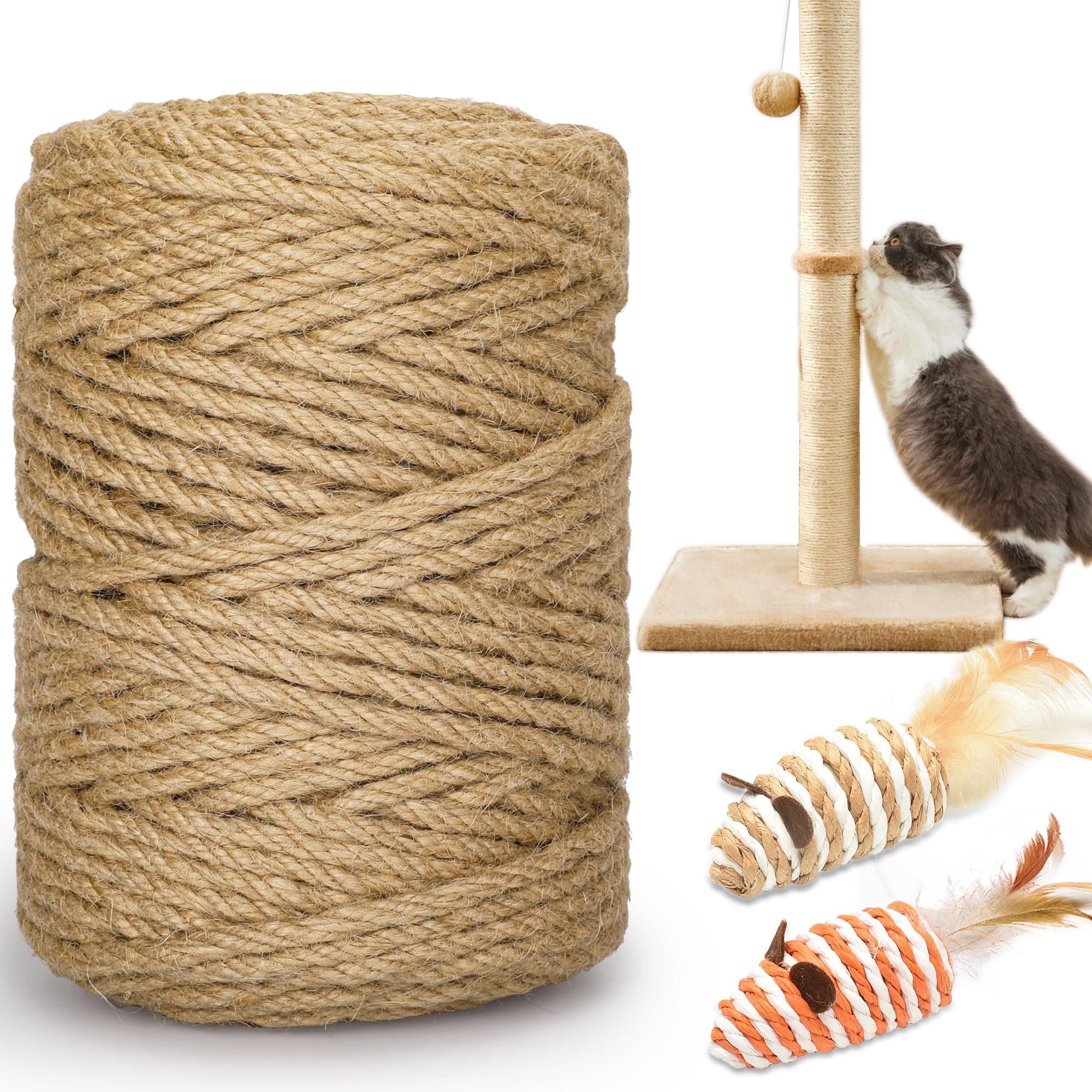 HezzLuv 328FT/100M Cat Scratching Sisal Rope, 6mm Thick Natural Jute Rope for Scratch Posts, Cat Trees, DIY Projects, Sisal Rope for Scratcher with 2 Mouse Toys (Natural, 328ft)